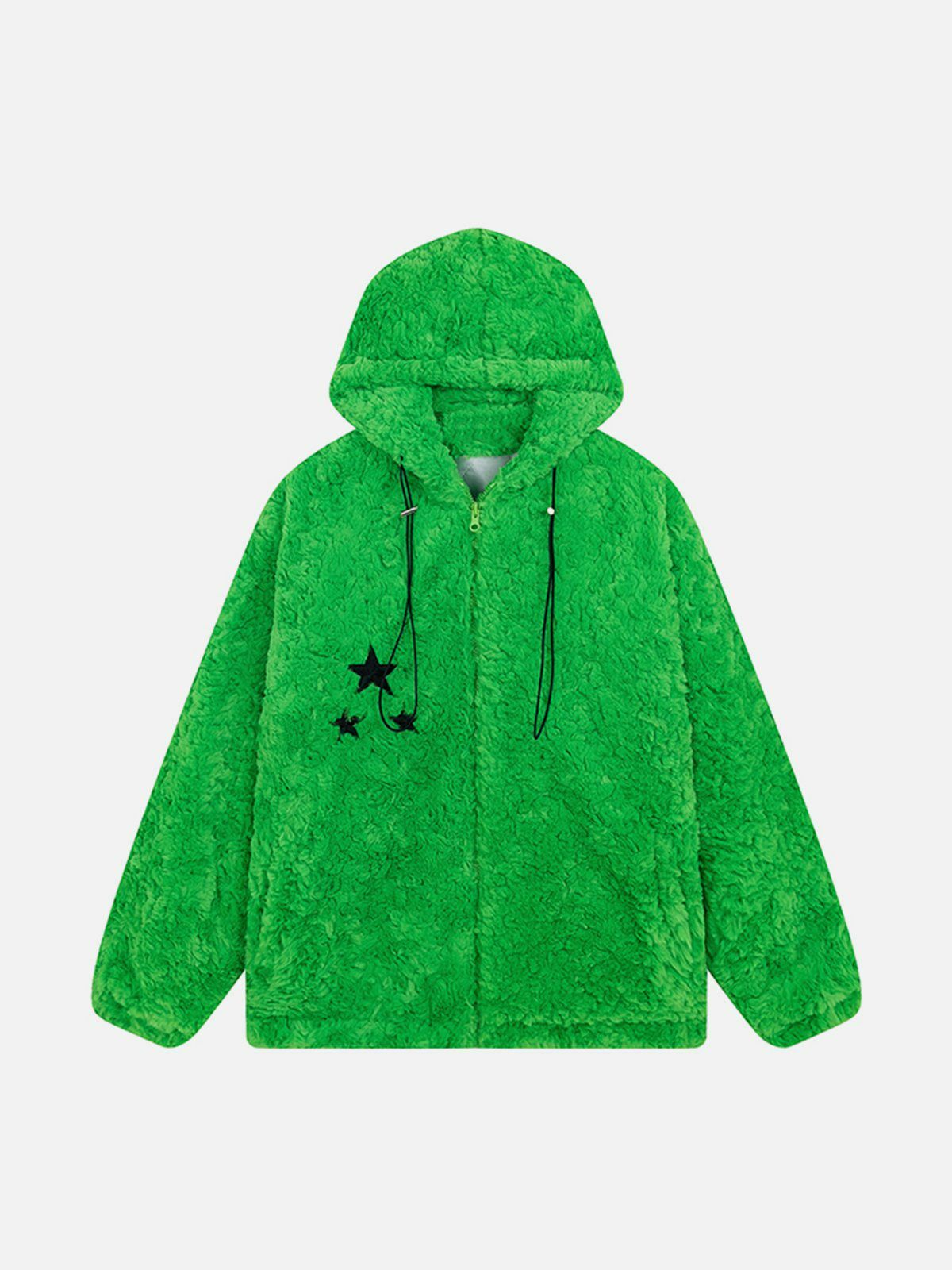 Y2K Aesthetic Star Patch Drawstring Sherpa Coat for Grunge & 90s Fashion Lovers