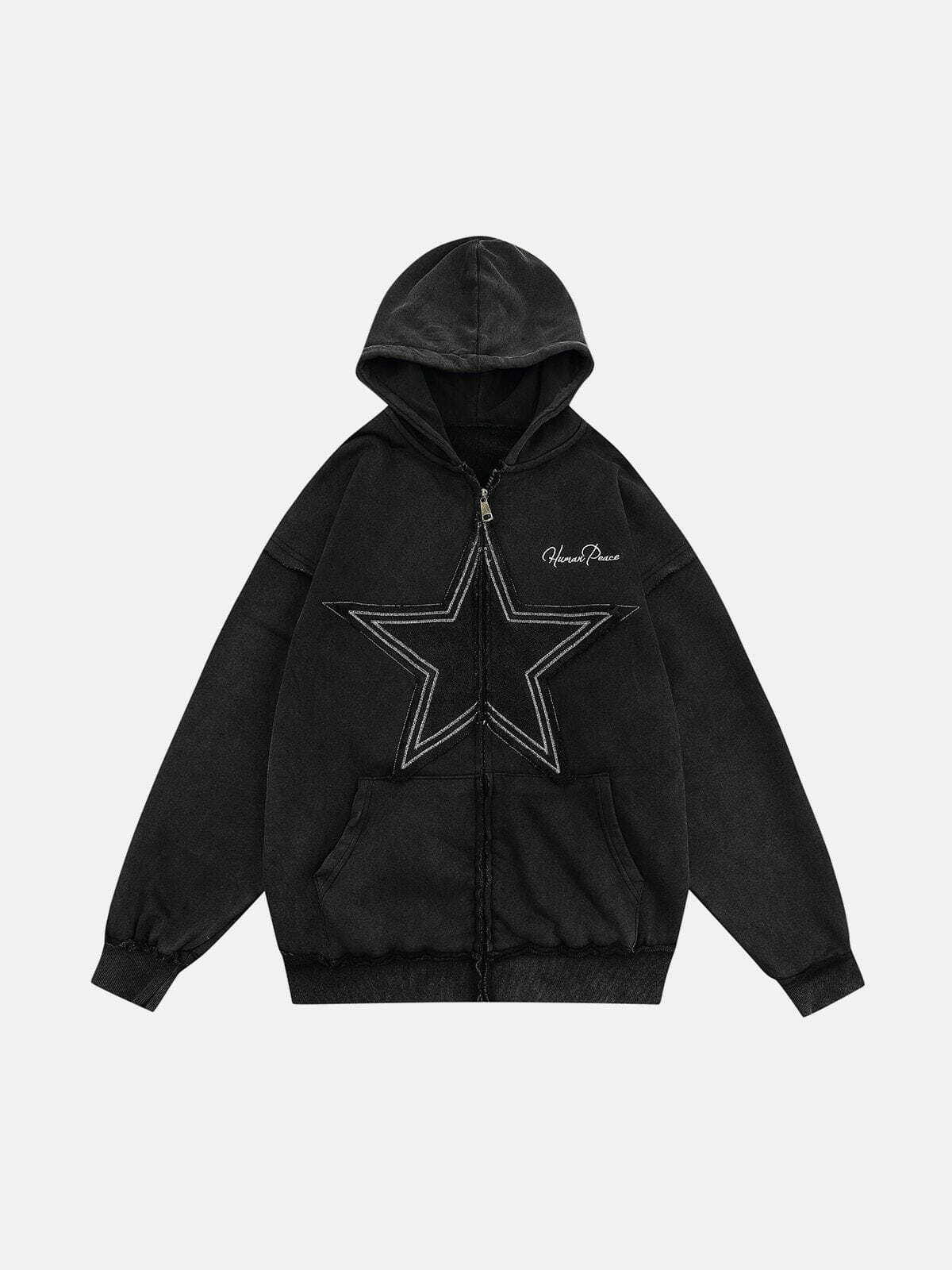 Y2K Aesthetic Star Washed Zip-Up Hoodie - Vintage 90s Grunge Style for Effortless Summer Outfits