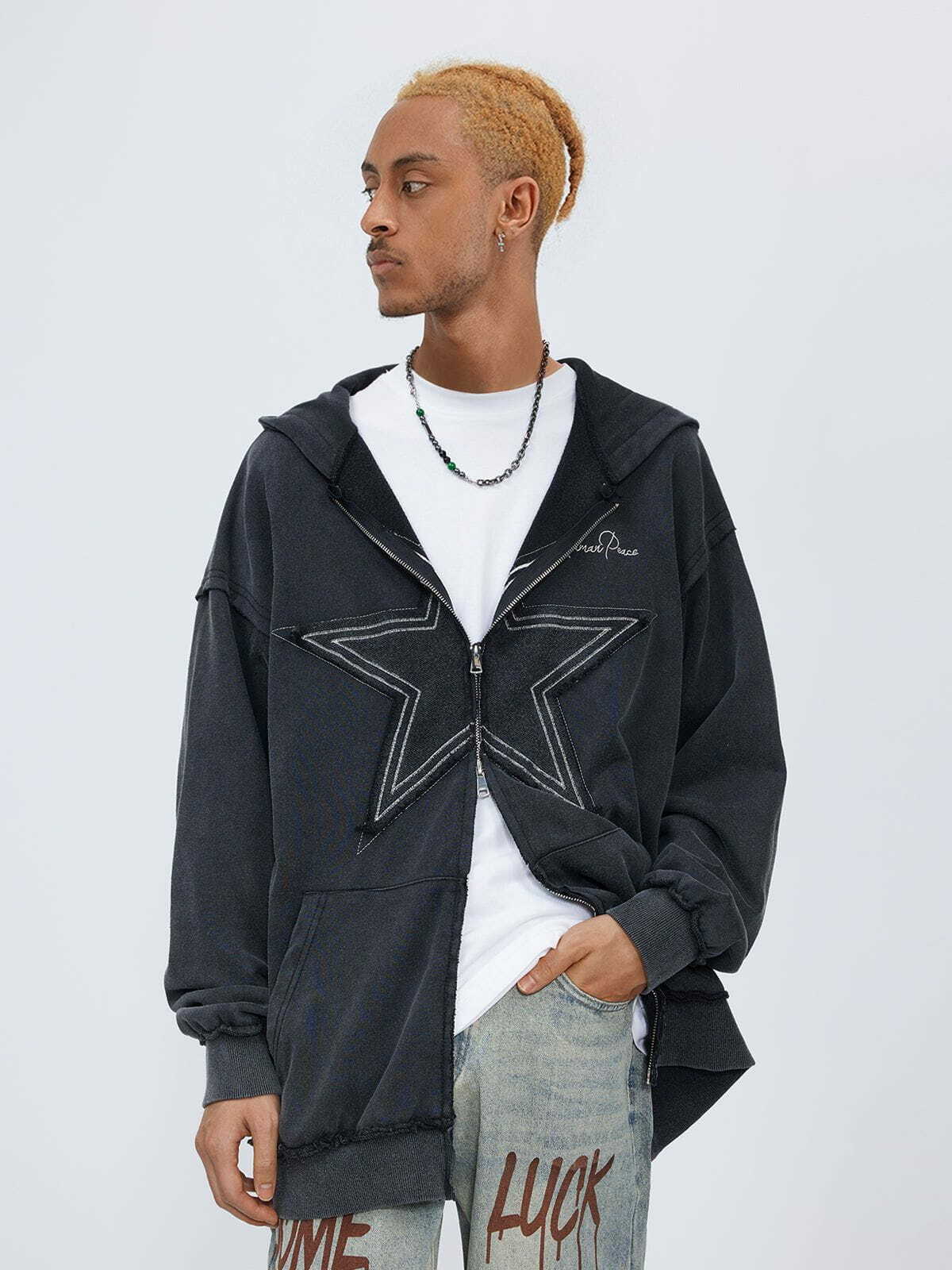 Y2K Aesthetic Star Washed Zip-Up Hoodie - Vintage 90s Grunge Style for Effortless Summer Outfits