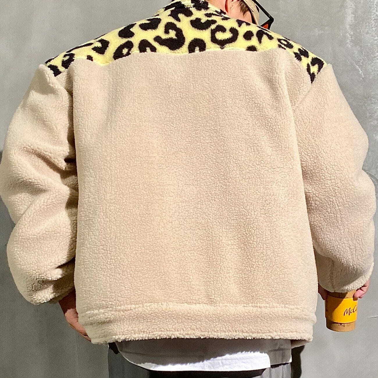 Y2K Aesthetic Stitched Leopard Sherpa Coat - Cozy Grunge Style for Winter Outfits