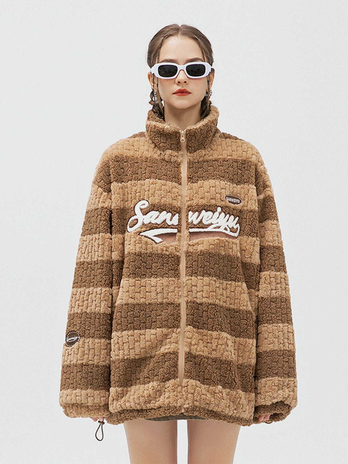 Y2K Aesthetic Stripe Flocked Letters Sherpa Coat - Cozy Grunge Style for 2000s Fashion Lovers