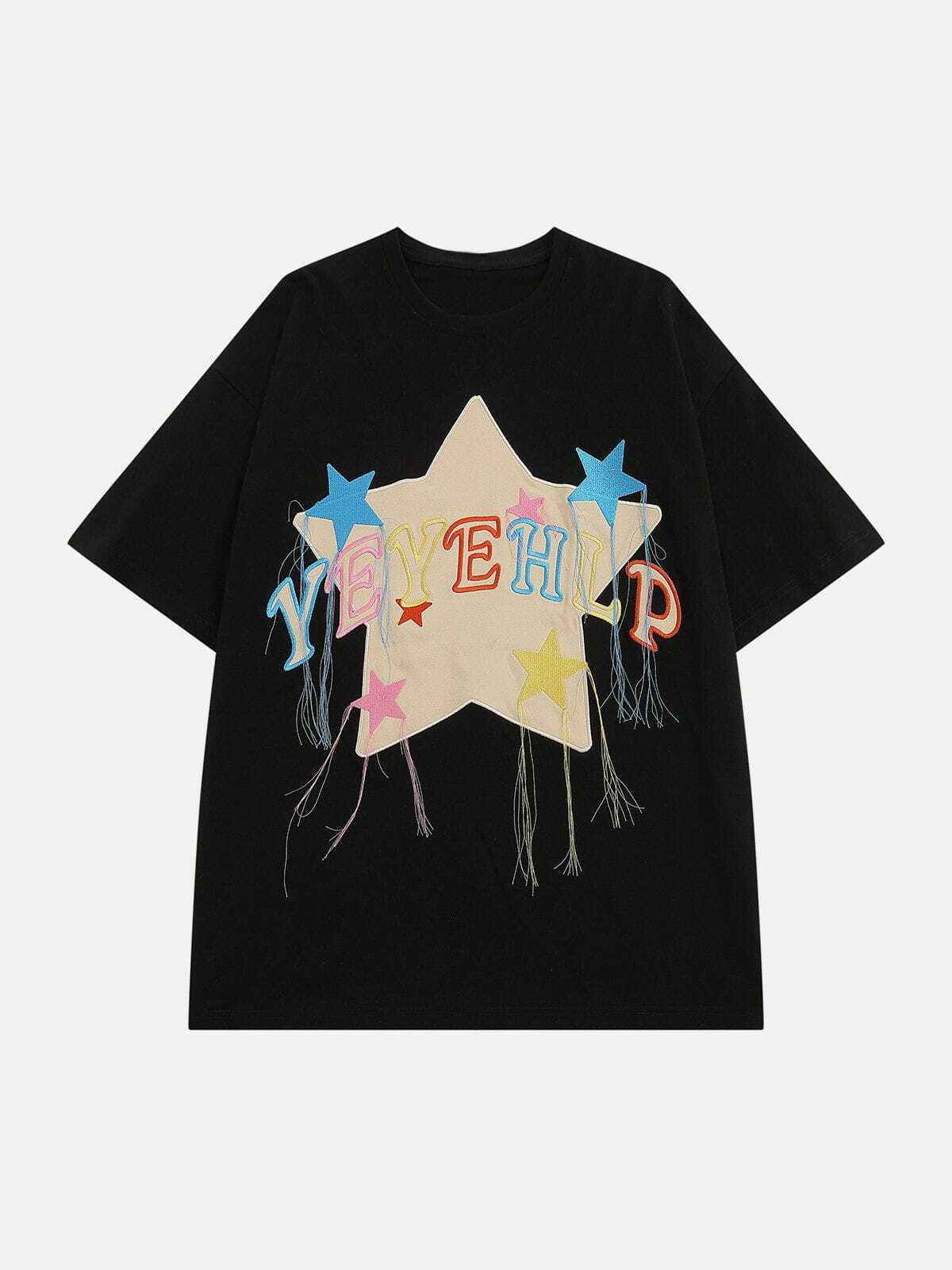 Y2K Aesthetic Tassel Embroidery Star Tee - Trendy Grunge & 90s Fashion Summer Top