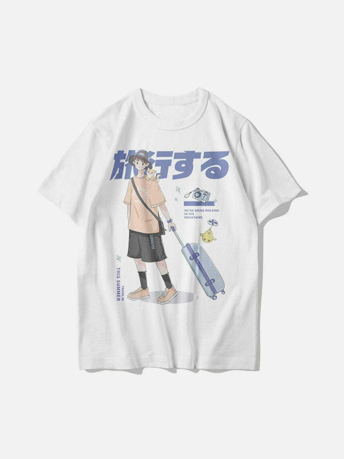 Y2K Aesthetic Travel Boy Print Cotton Tee - Vintage 90s Grunge Style Summer Outfit