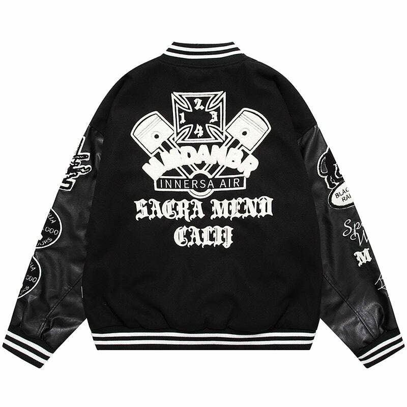 Y2K Aesthetic Varsity Jacket with Flocked Ghost Design - Perfect for 90s Grunge & Summer Outfits