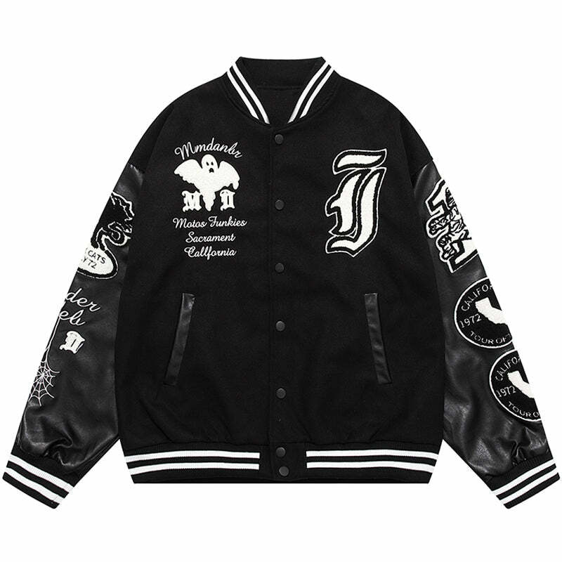 Y2K Aesthetic Varsity Jacket with Flocked Ghost Design - Perfect for 90s Grunge & Summer Outfits