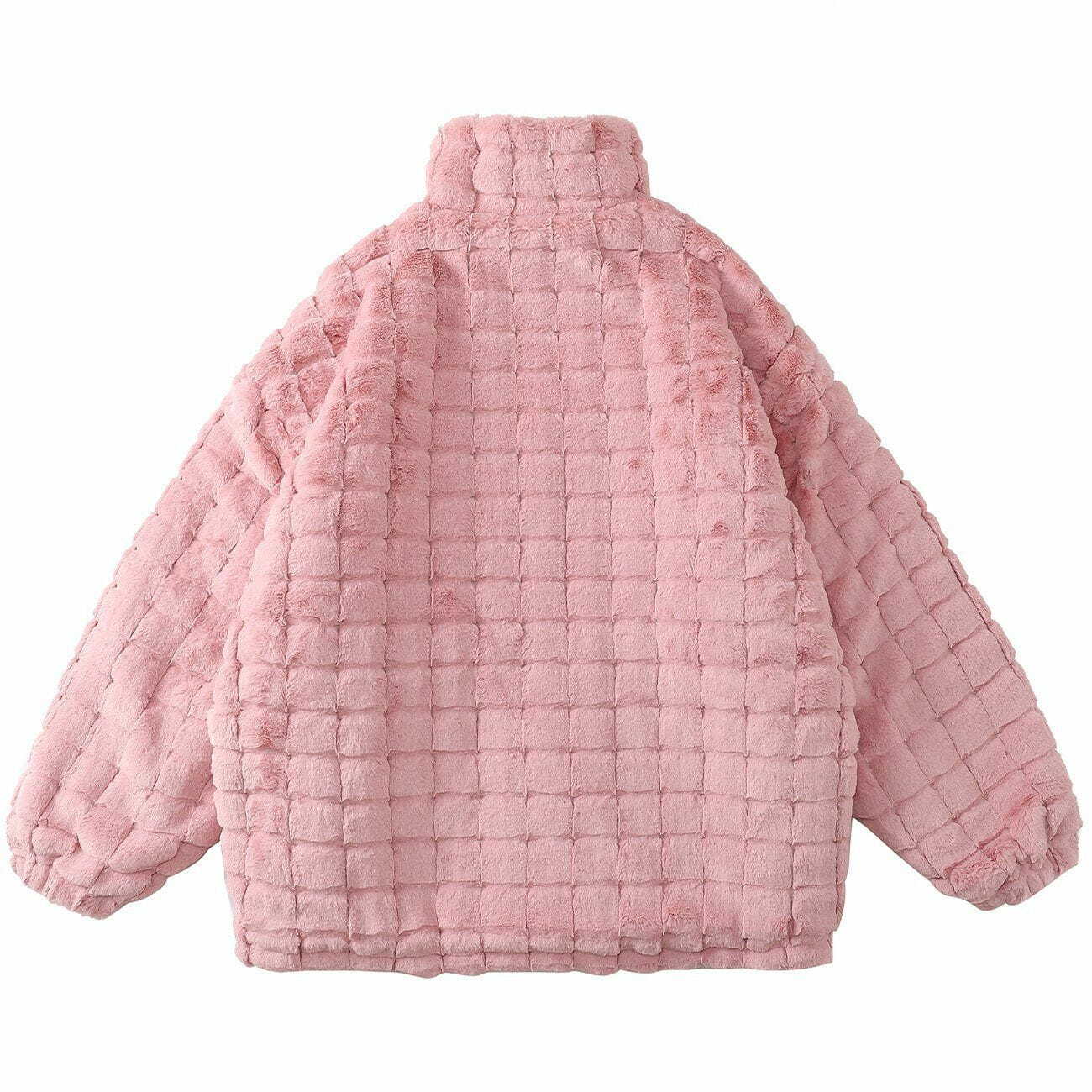 Y2K Aesthetic Waffle Check Winter Coat - Cozy Solid Color Outerwear for 90s Fashion Lovers