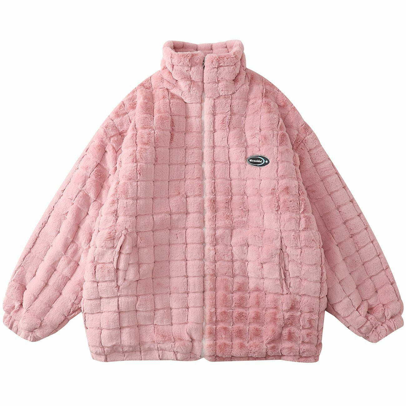 Y2K Aesthetic Waffle Check Winter Coat - Cozy Solid Color Outerwear for 90s Fashion Lovers