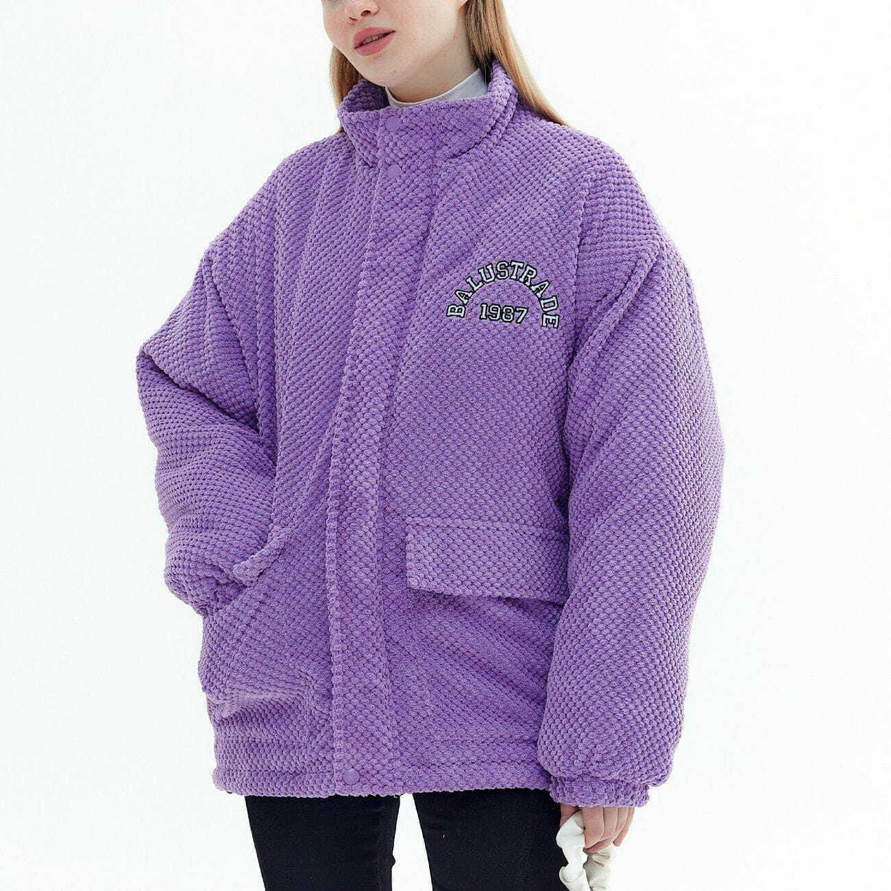 Y2K Aesthetic Waffle Letter Flocked Winter Coat - Cozy Grunge Style for Chic Outfits