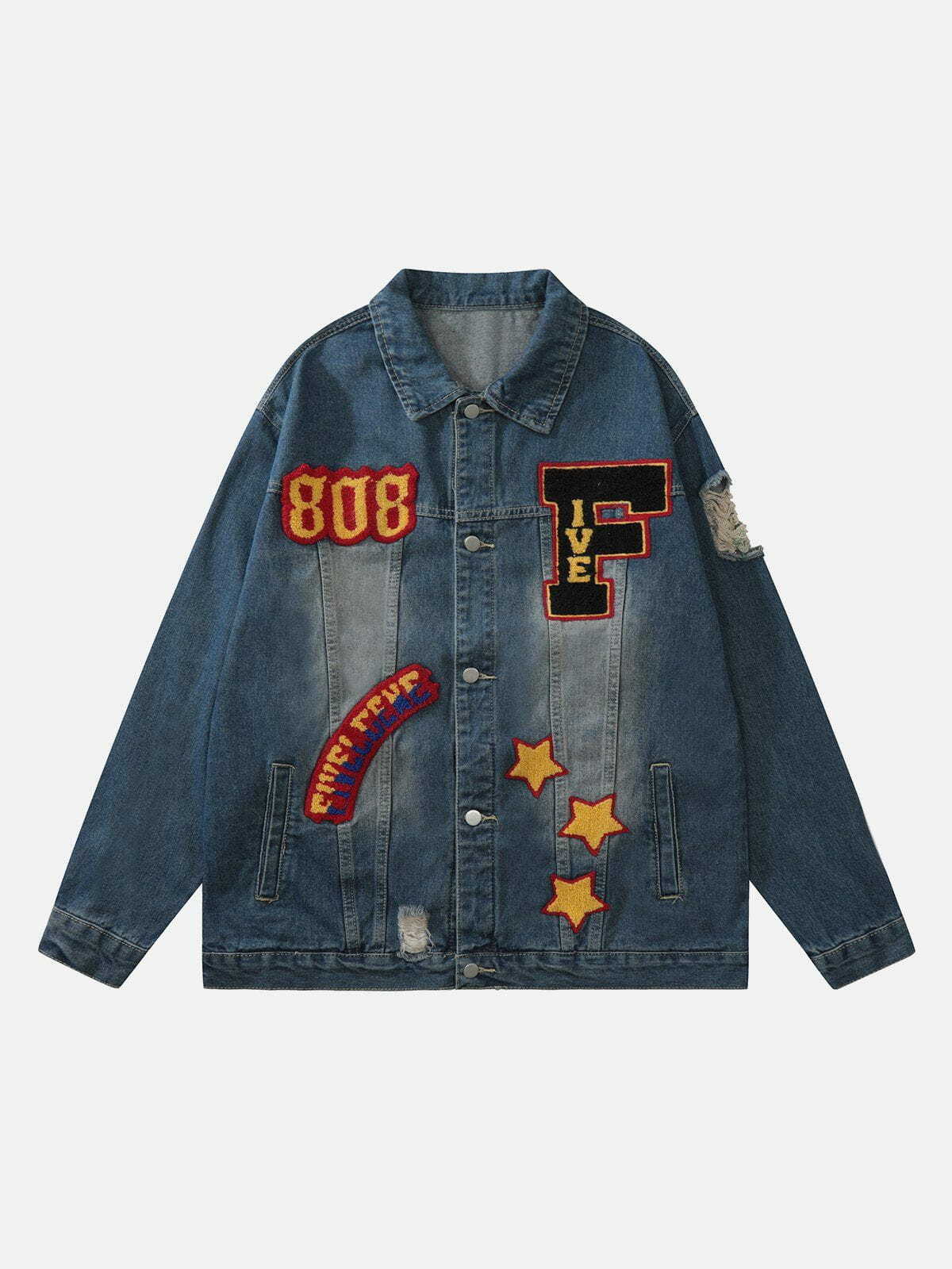 Y2K Aesthetic Washed Denim Jacket with Flocking Print - Vintage 90s Grunge Style Outerwear