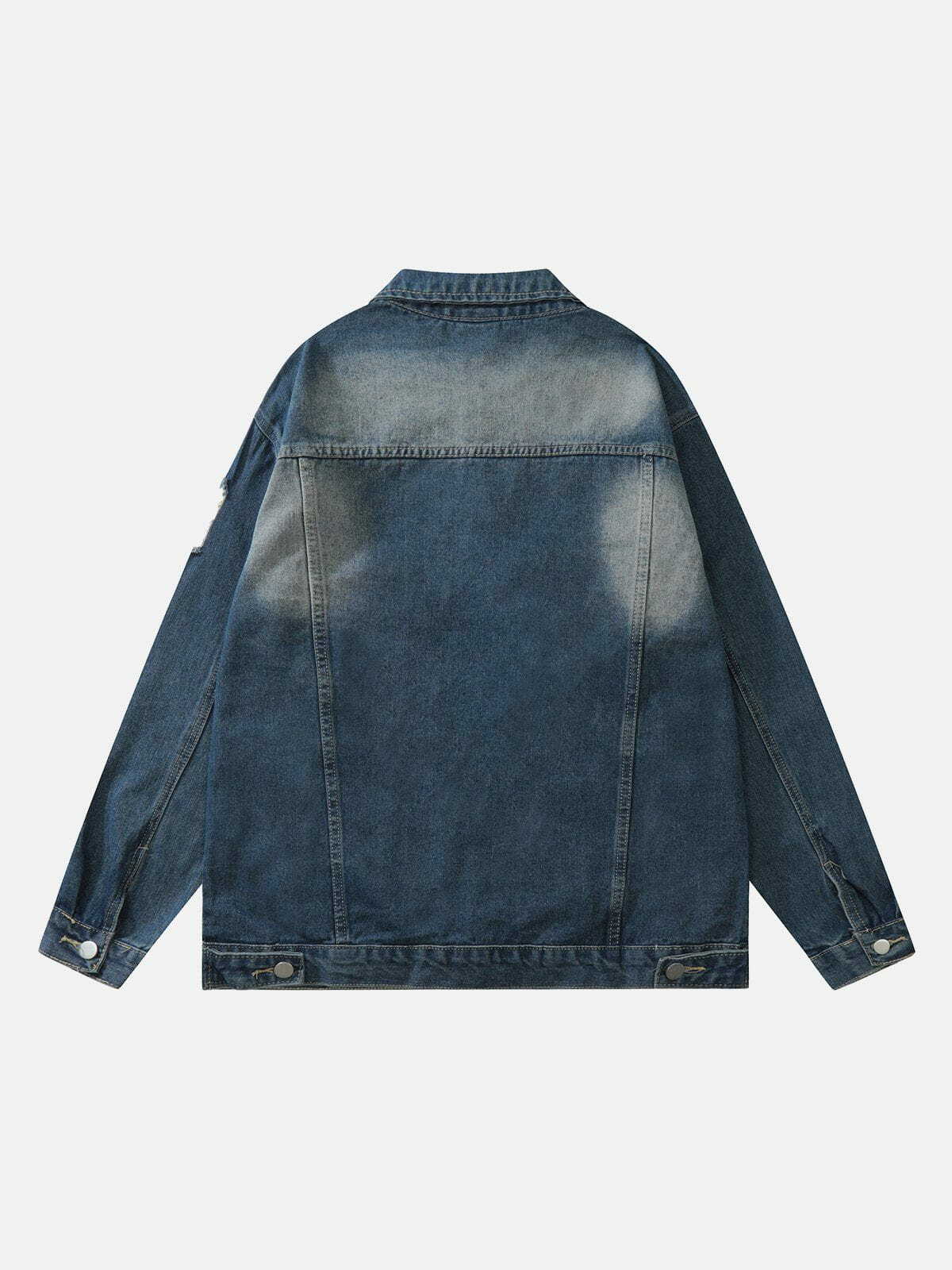 Y2K Aesthetic Washed Denim Jacket with Flocking Print - Vintage 90s Grunge Style Outerwear