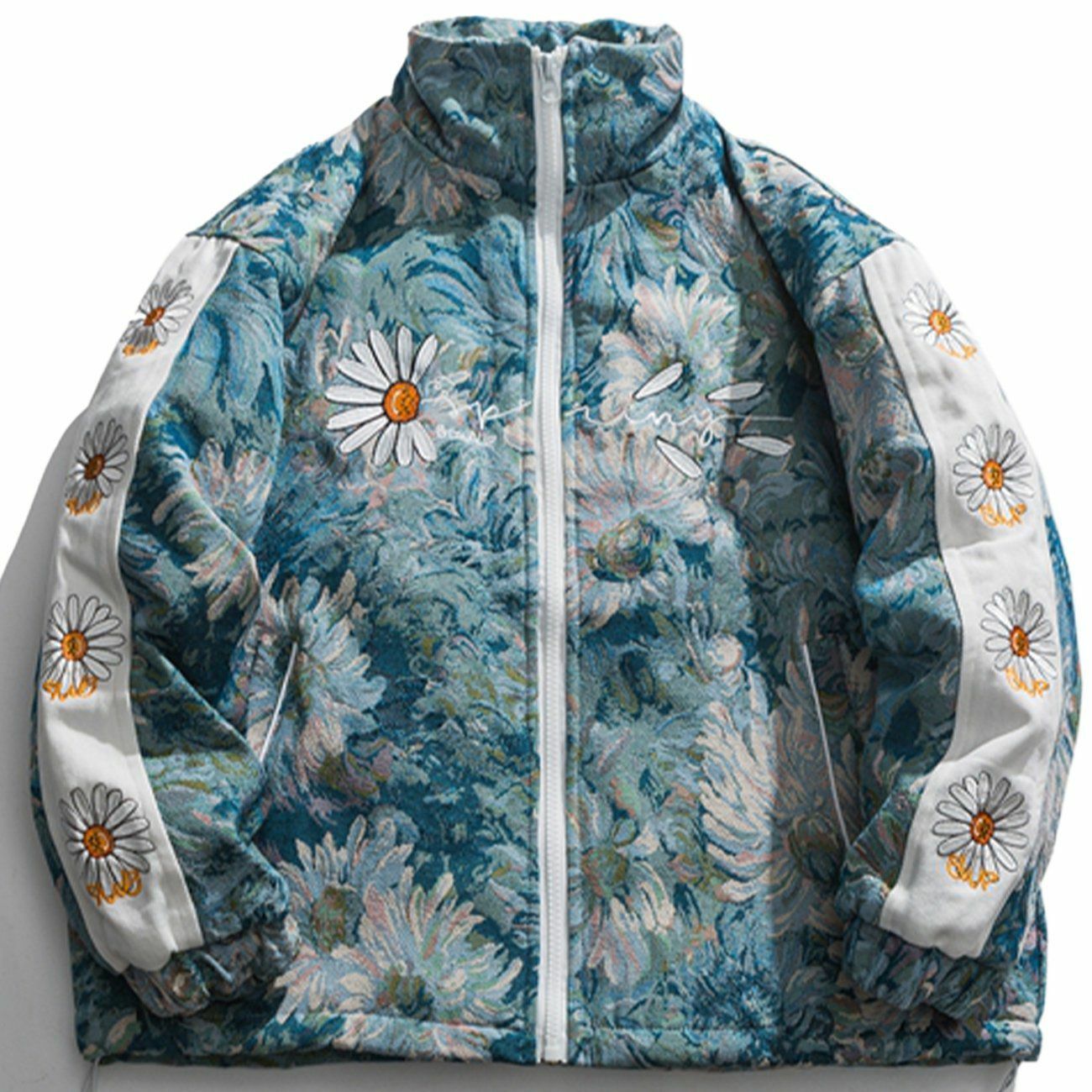 Y2K Aesthetic Watercolor Daisy Flowers Winter Coat - Trendy Grunge Style for Cozy Outfits