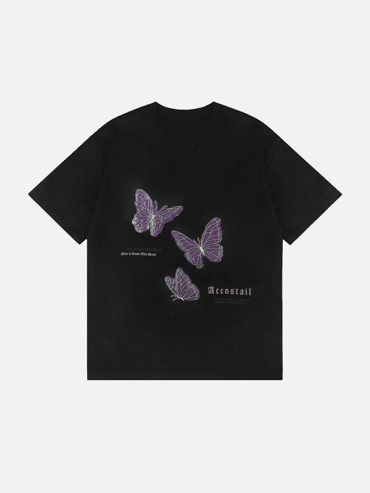 Y2K Butterfly Applique Suede Tee - Trendy Grunge Aesthetic Top for Summer Outfits & 90s Fashion