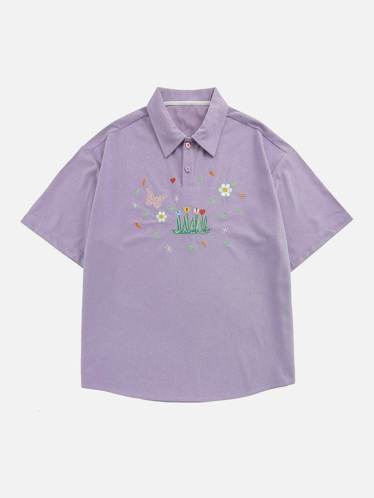 Y2K Butterfly Embroidery Polo Tee - Cute Summer Outfit, Vintage 90s Aesthetic, Grunge Style Top