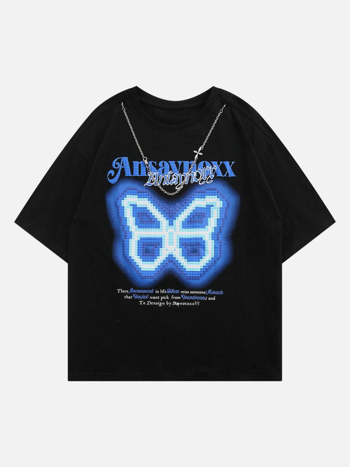 Y2K Butterfly Embroidery Tee with Chain Detail - Trendy Grunge Aesthetic Top for Summer Outfits