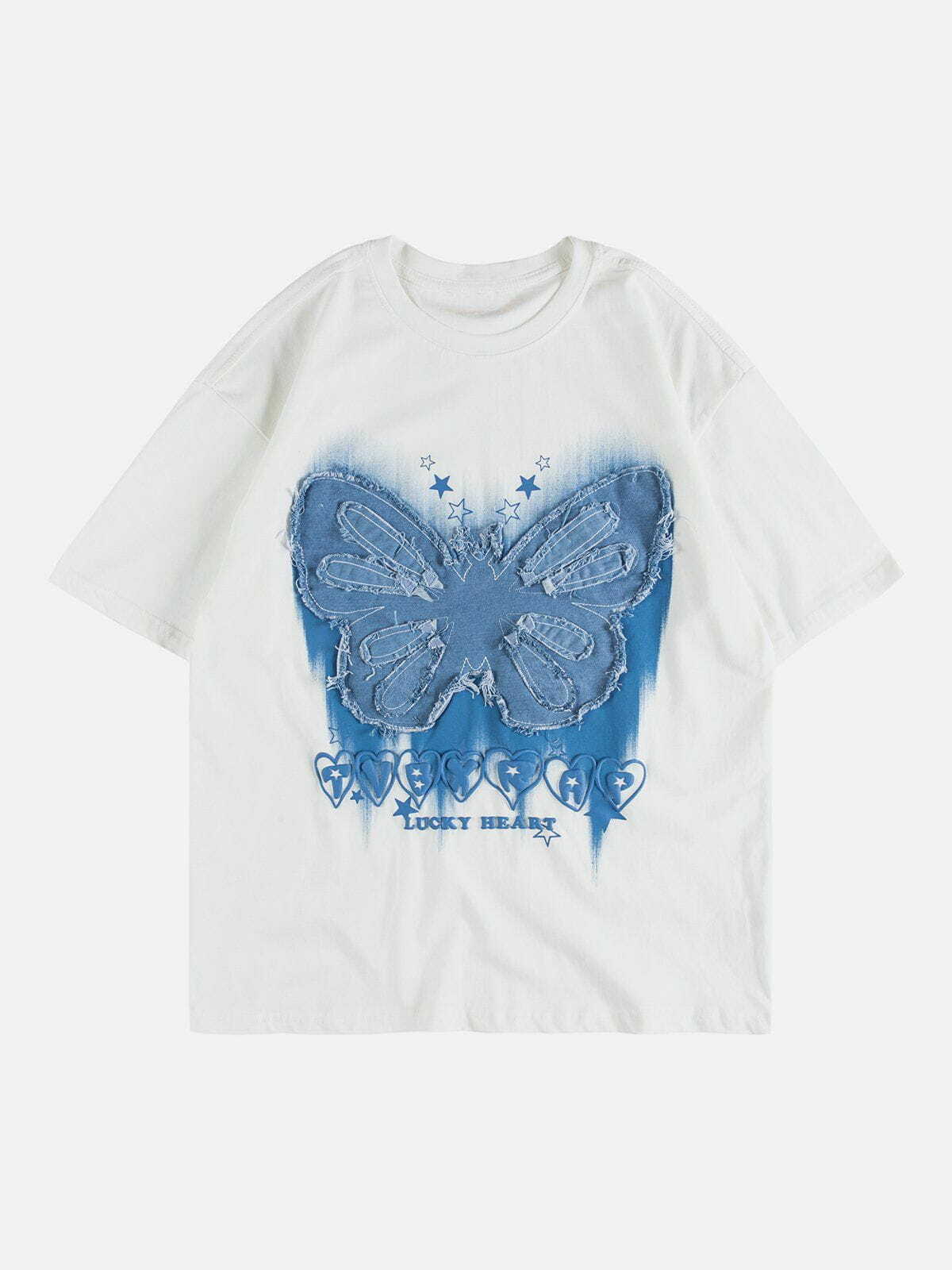 Y2K Butterfly Patch Print Tee - Vintage 90s Grunge Aesthetic Top for Summer Outfits