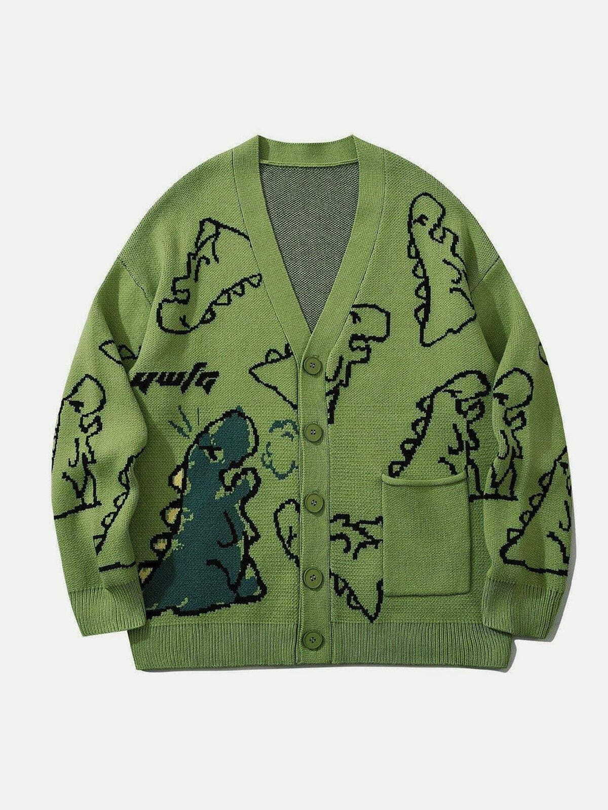 Y2K Cartoon Dinosaur Knit Cardigan - Cute Summer Layering for Grunge & Coquette Aesthetic Outfits