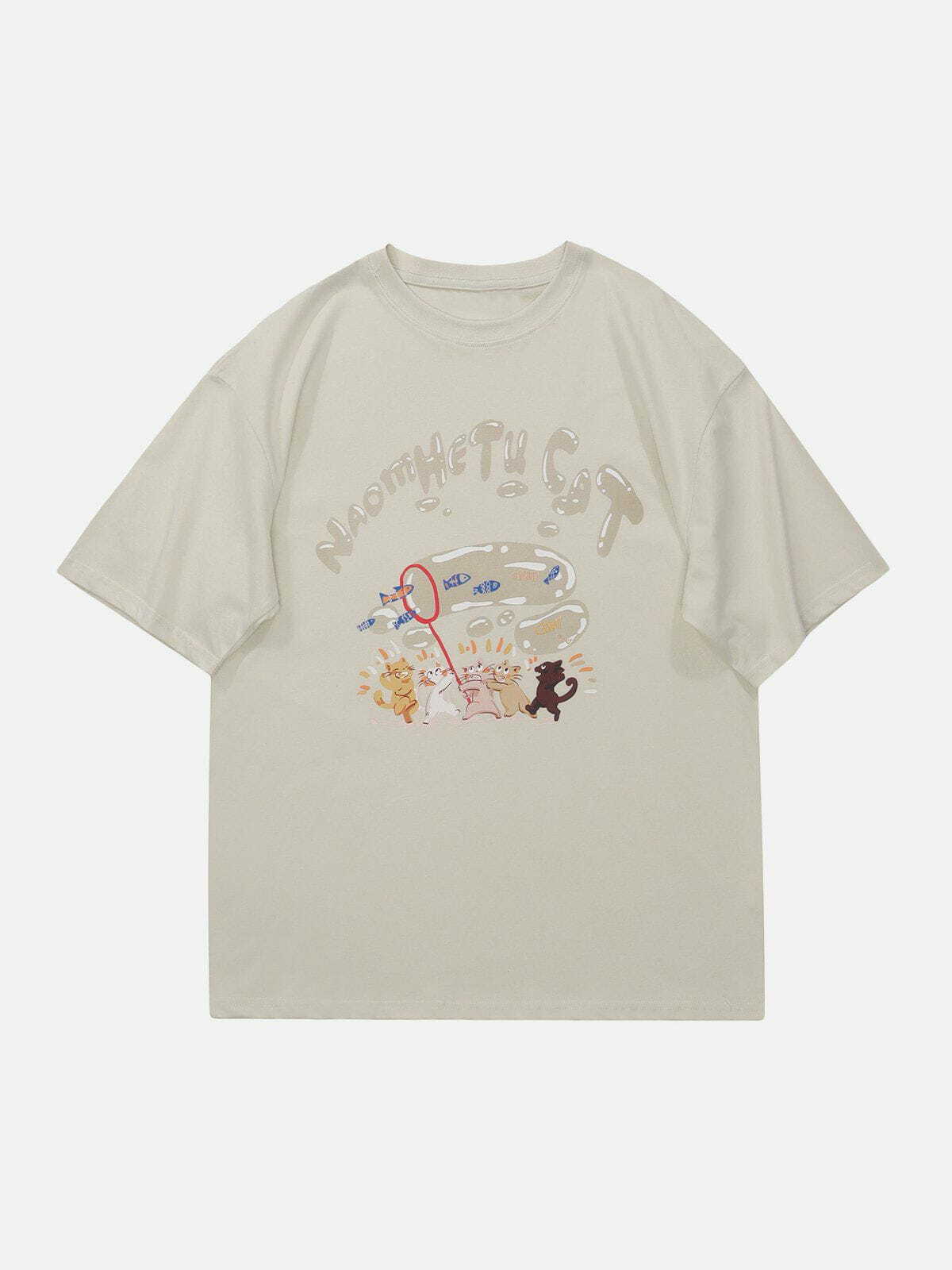 Y2K Cartoon Kitten Fishing Graphic Tee - Cute Summer Outfit for Grunge & Coquette Aesthetic