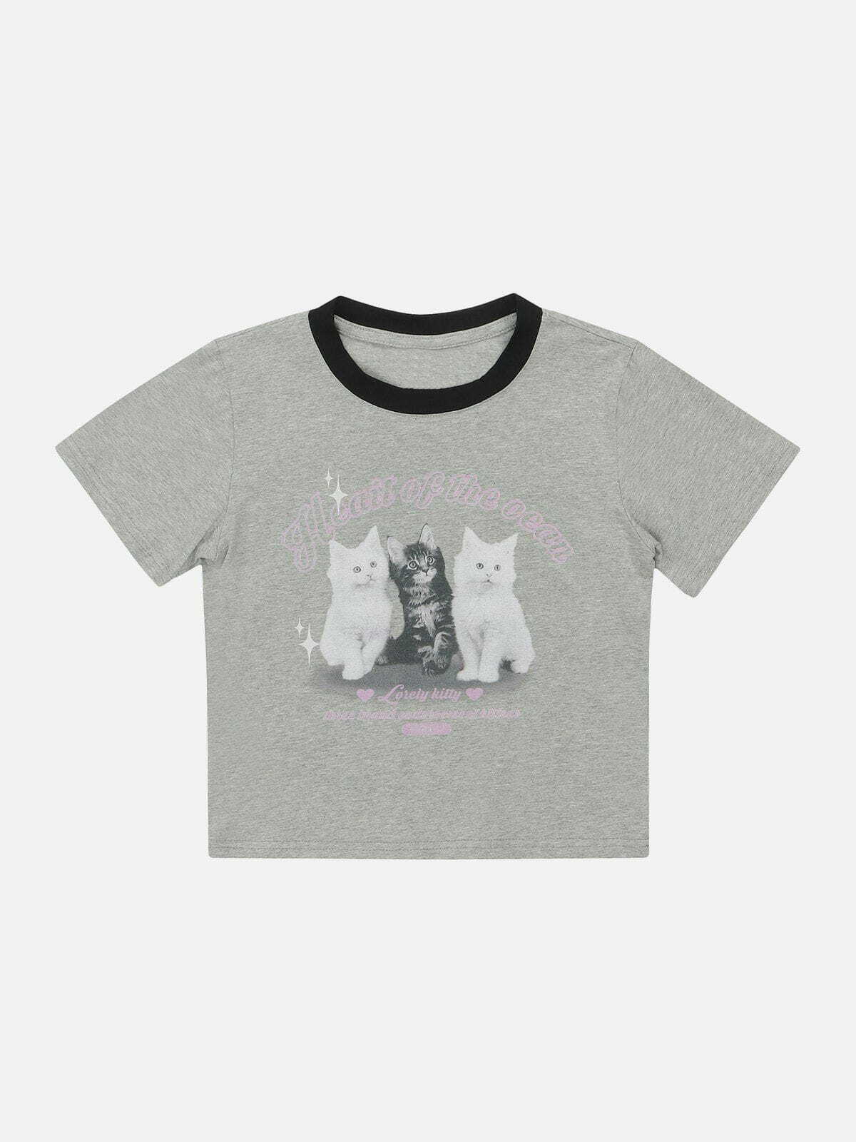 Y2K Cat Print Star Tee - Trendy Grunge Aesthetic Top for Summer Outfits & 90s Fashion Lovers