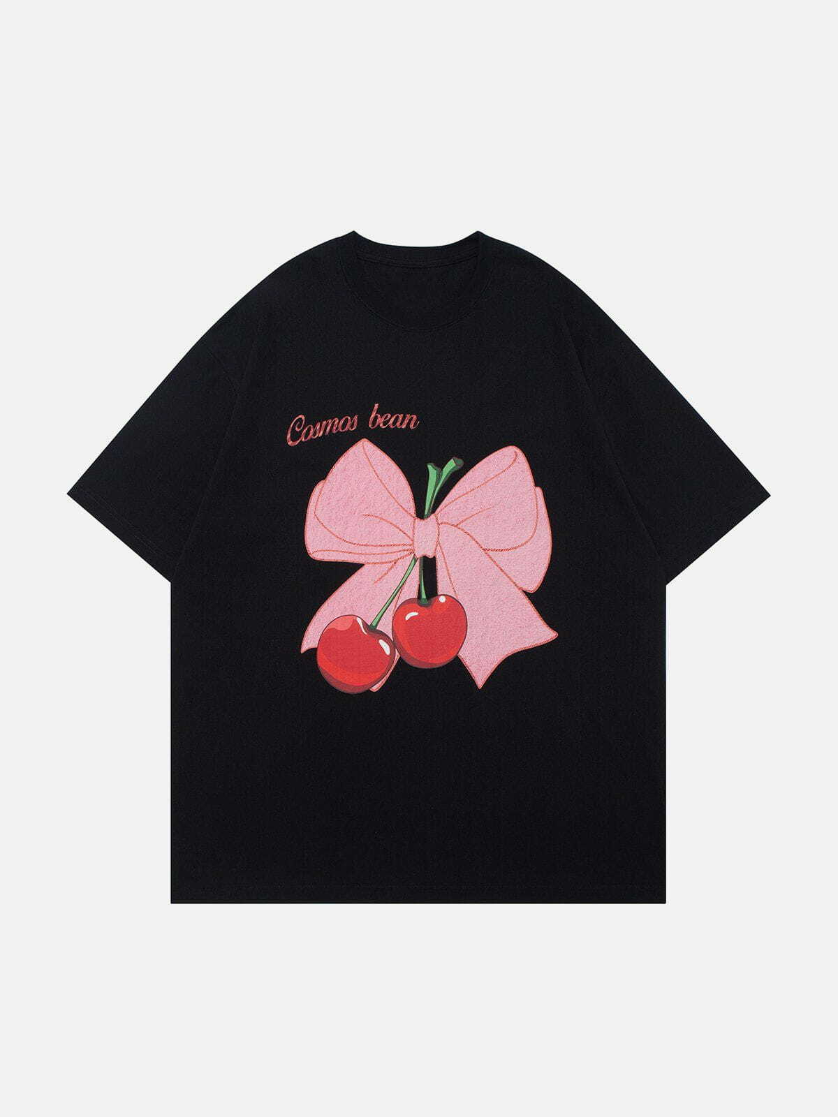 Y2K Cherry Print Bow-Knot Tee - Cute Summer Top for Grunge, Coquette, and 90s Aesthetic Outfits