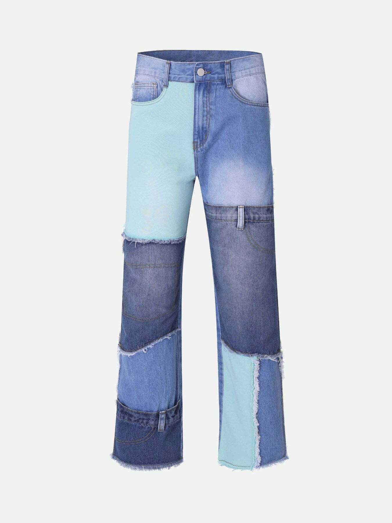 Y2K Colorblock Patchwork Jeans - Trendy 90s Grunge Style Wide Leg Denim for Aesthetic Outfits