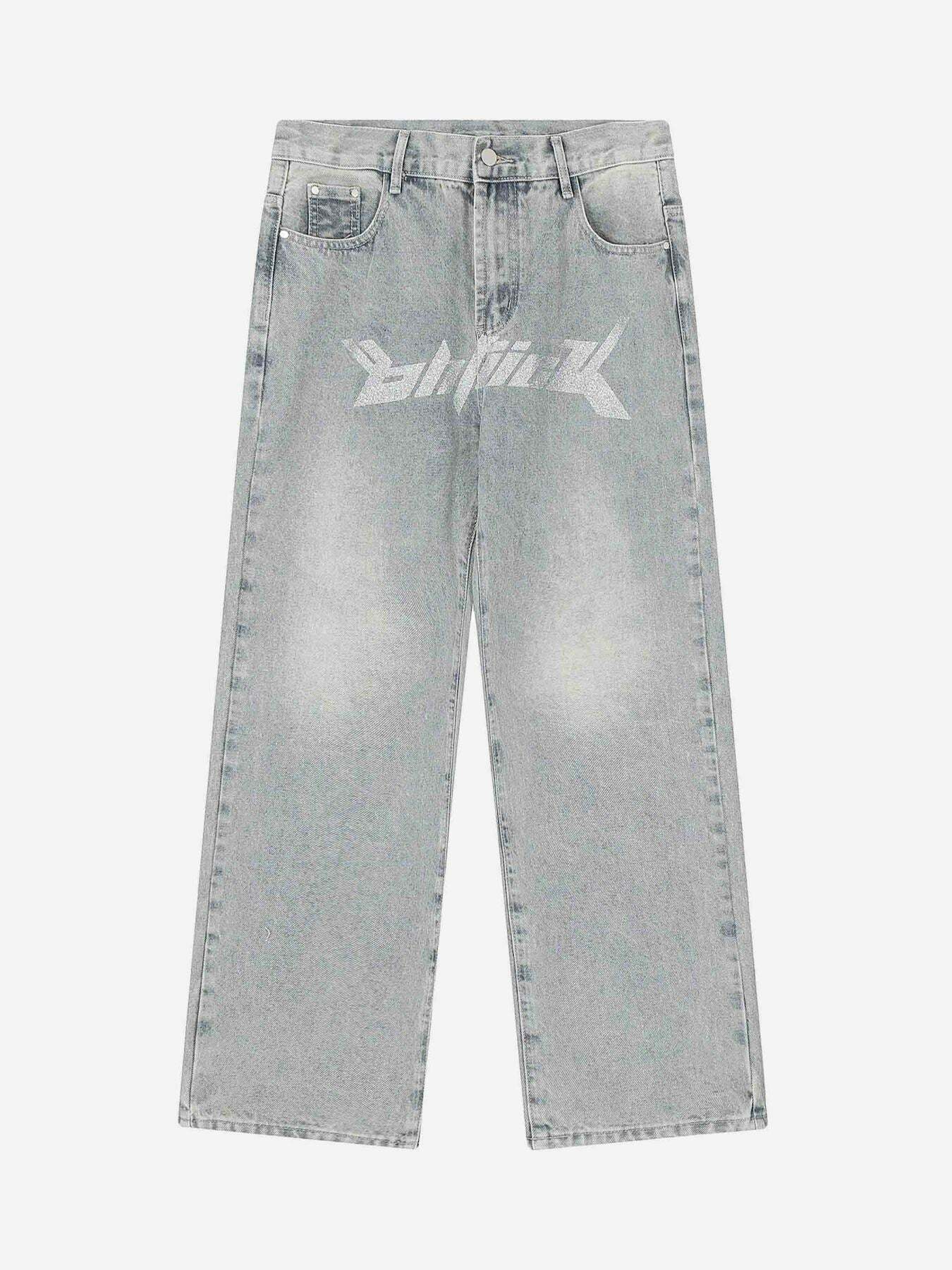 Y2K Dark Letter Print Baggy Jeans - Trendy Grunge Style for 2000s Fashion Lovers