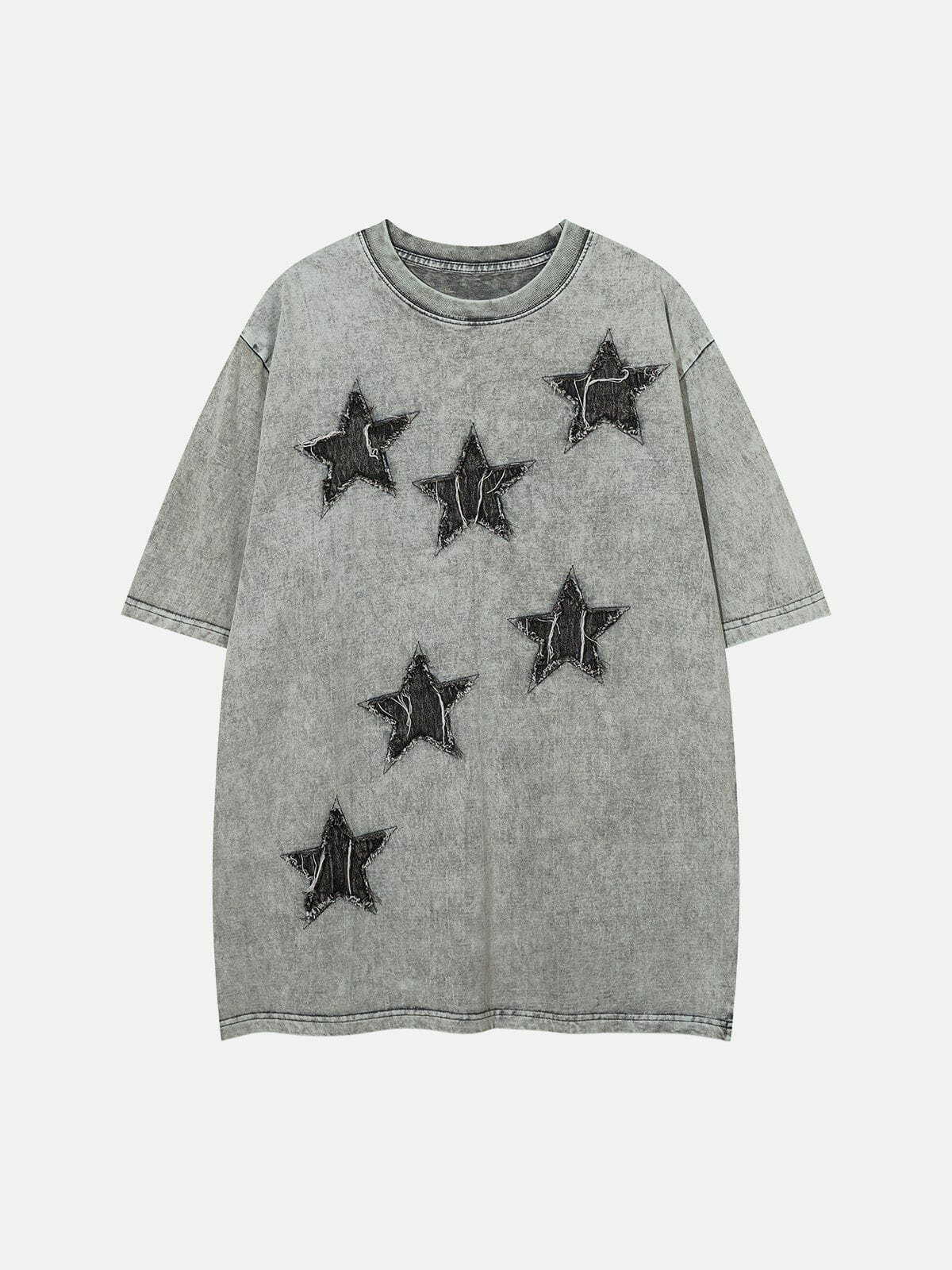 Y2K Denim Star Patchwork Washed Tee - Vintage 90s Grunge Aesthetic Top for Summer Outfits