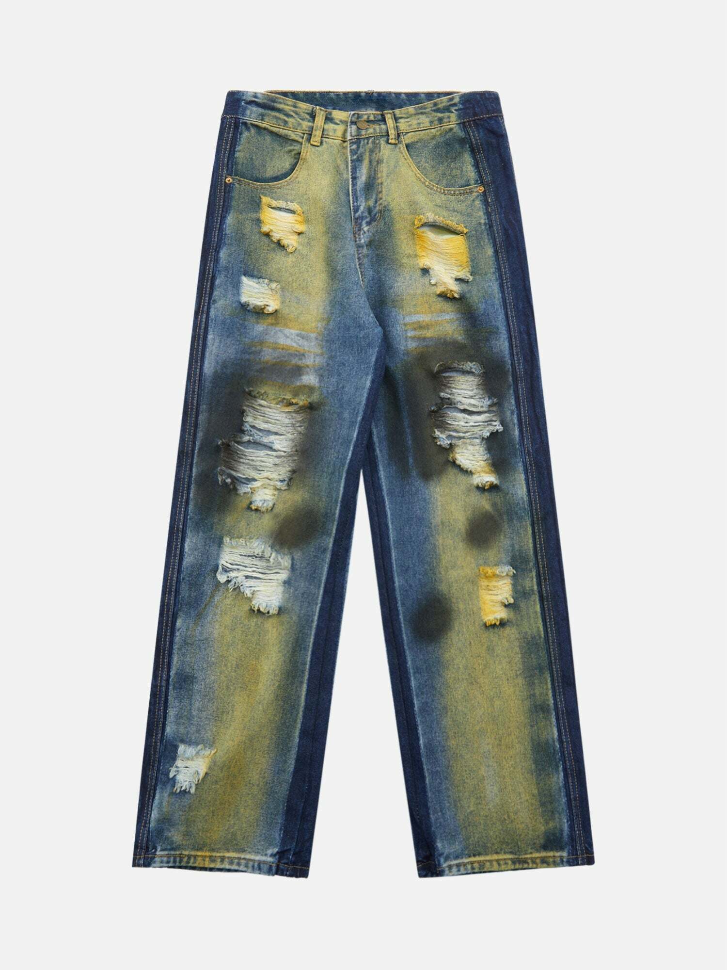 Y2K Distressed Baggy Jeans - Vintage 90s Grunge Style with Spray-Dyed Aesthetic