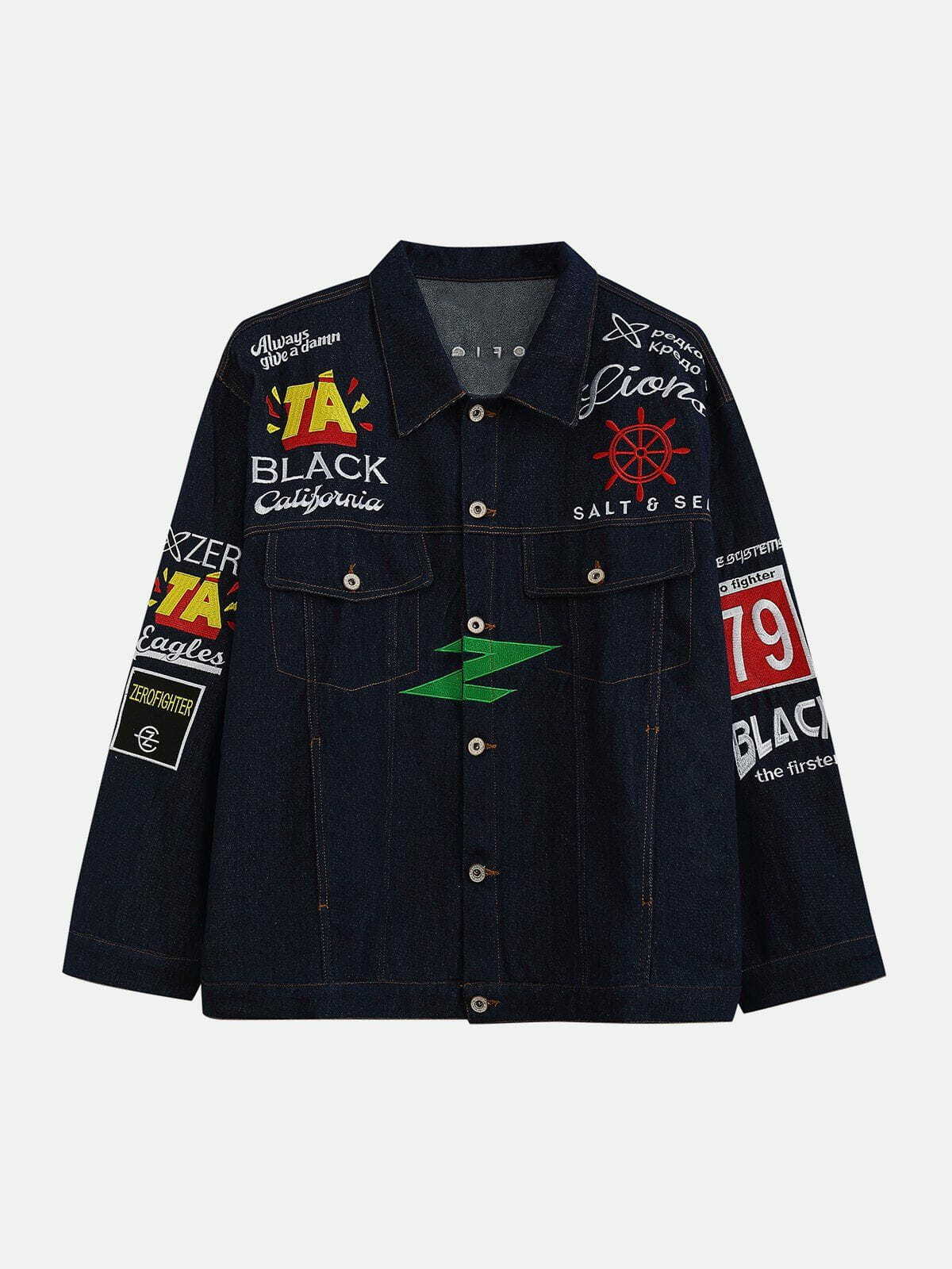 Y2K Embroidered Badge Denim Jacket - Vintage 90s Grunge Style for Trendy Summer Outfits