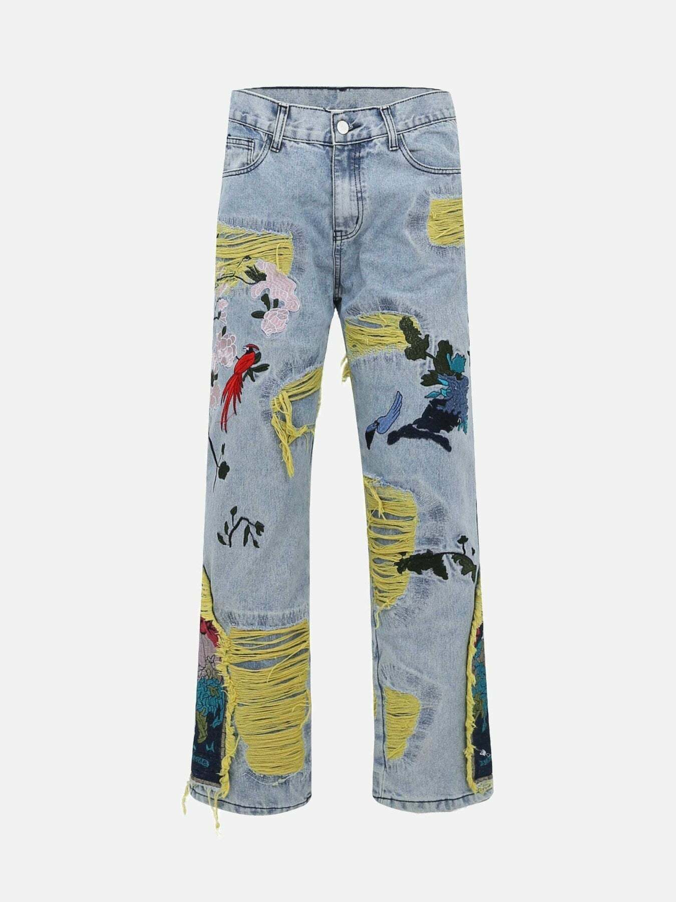 Y2K Embroidered Baggy Jeans - Vintage 90s Grunge Style with Floral Accents for Trendy Outfits