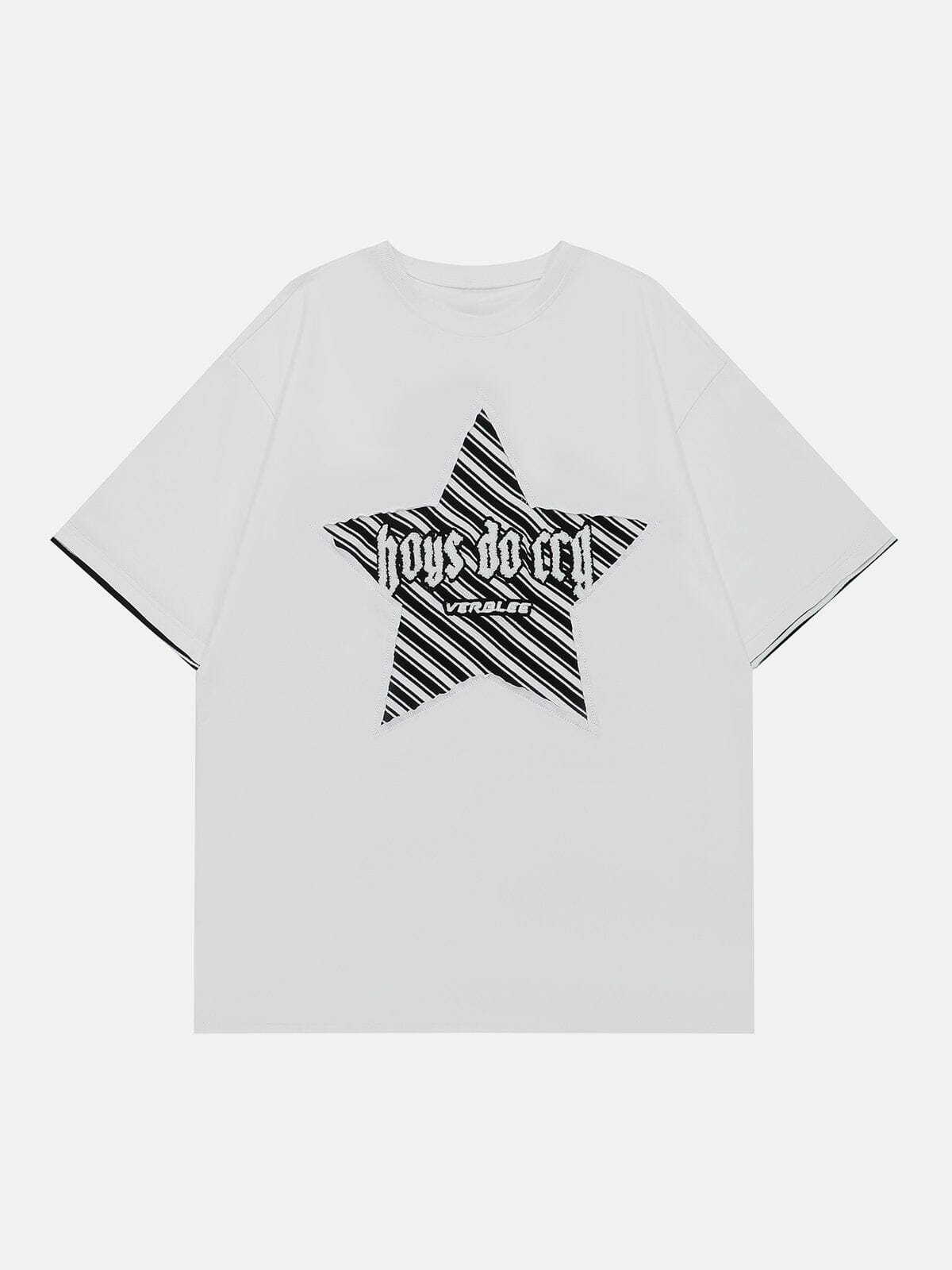 Y2K Embroidery Stripe Star Tee - Trendy 90s Fashion Top for Grunge & Coquette Aesthetic Outfits