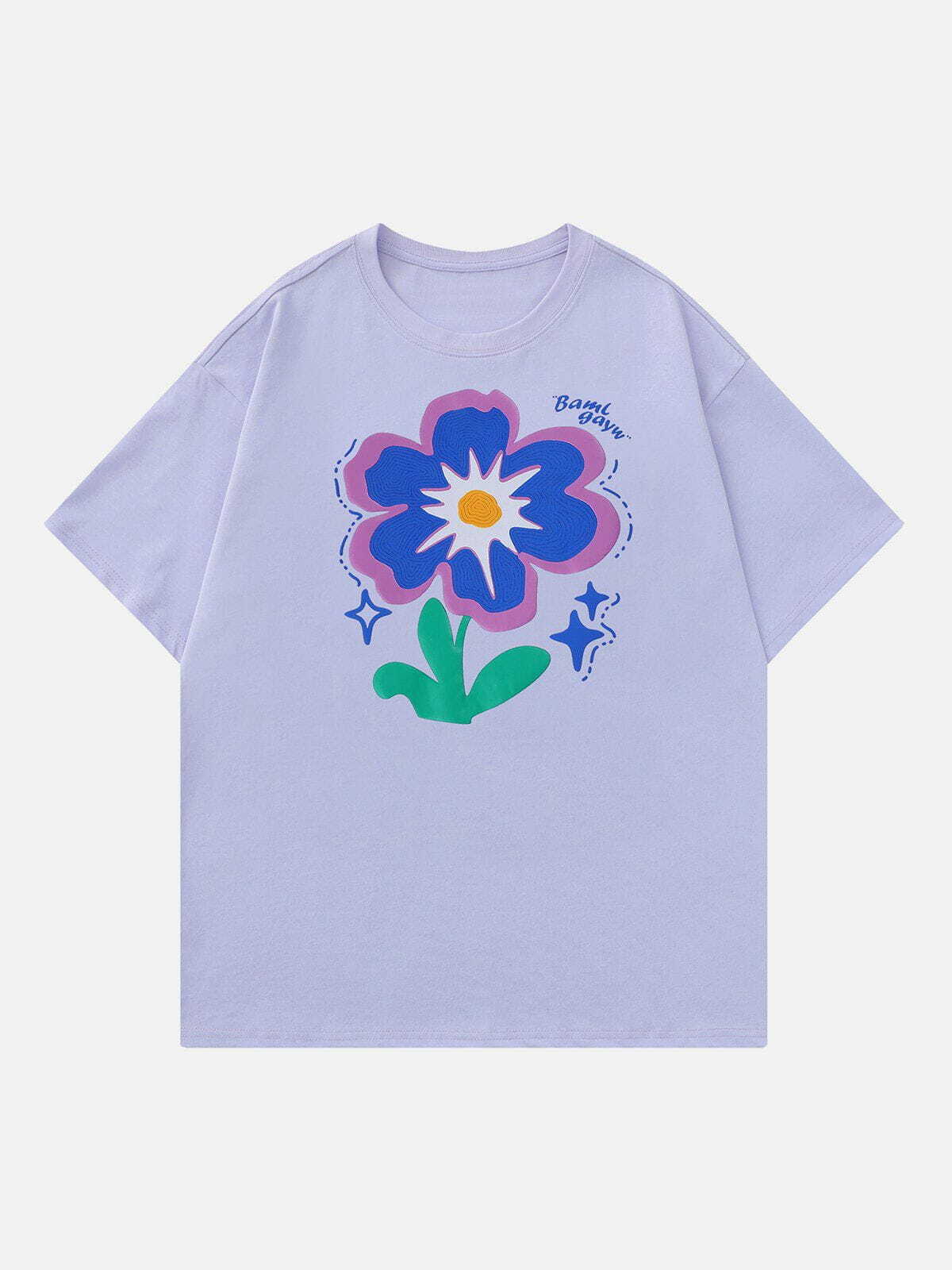 Y2K Floral Foam Embroidery Tee - Trendy Summer Top for Grunge, Coquette, and 90s Aesthetic Outfits