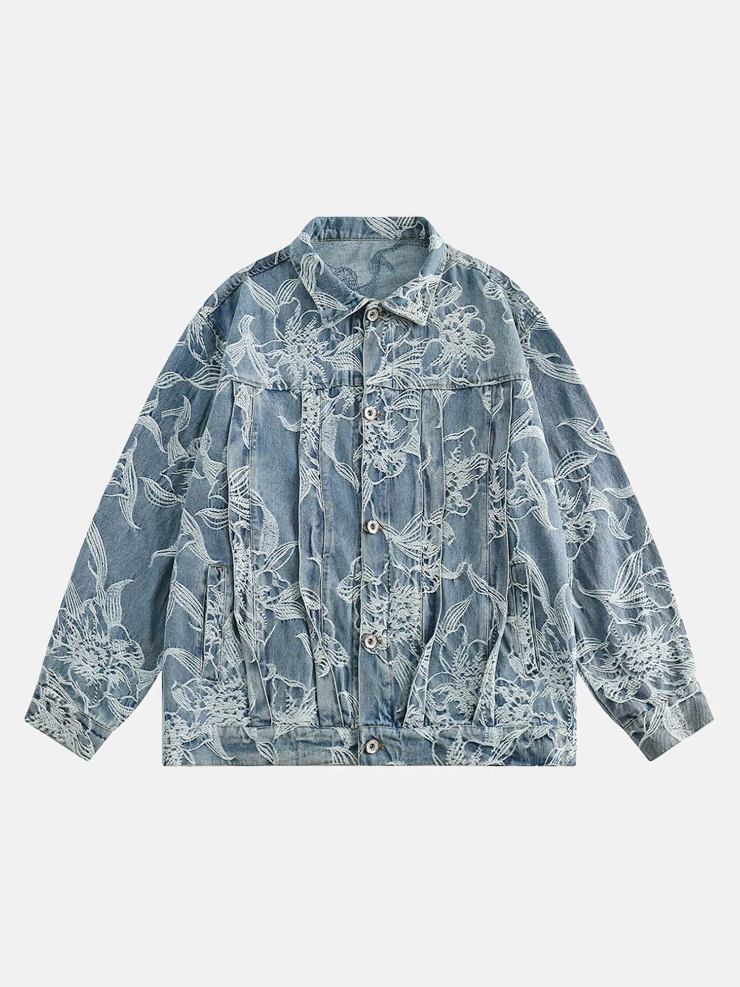 Y2K Floral Jacquard Denim Jacket - Vintage 90s Grunge Style for Summer Outfits & Aesthetic Looks