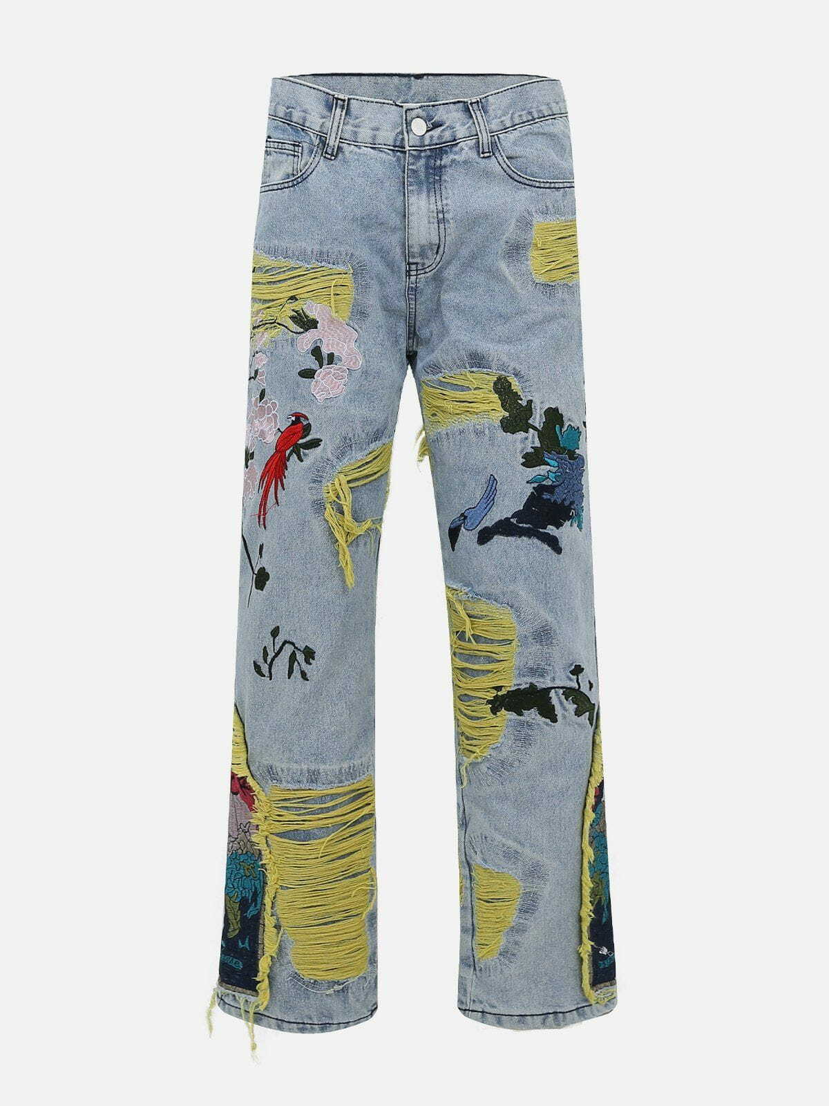 Y2K Flower Embroidery Jeans - Trendy Grunge Style with 90s Aesthetic for Effortless Summer Outfits