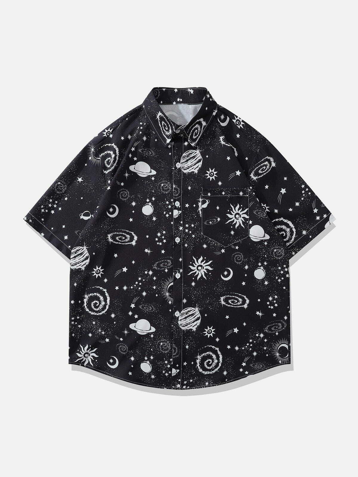 Y2K Galaxy Print Short Sleeve Shirt - Trendy 90s Aesthetic Top for Summer Outfits & Grunge Style