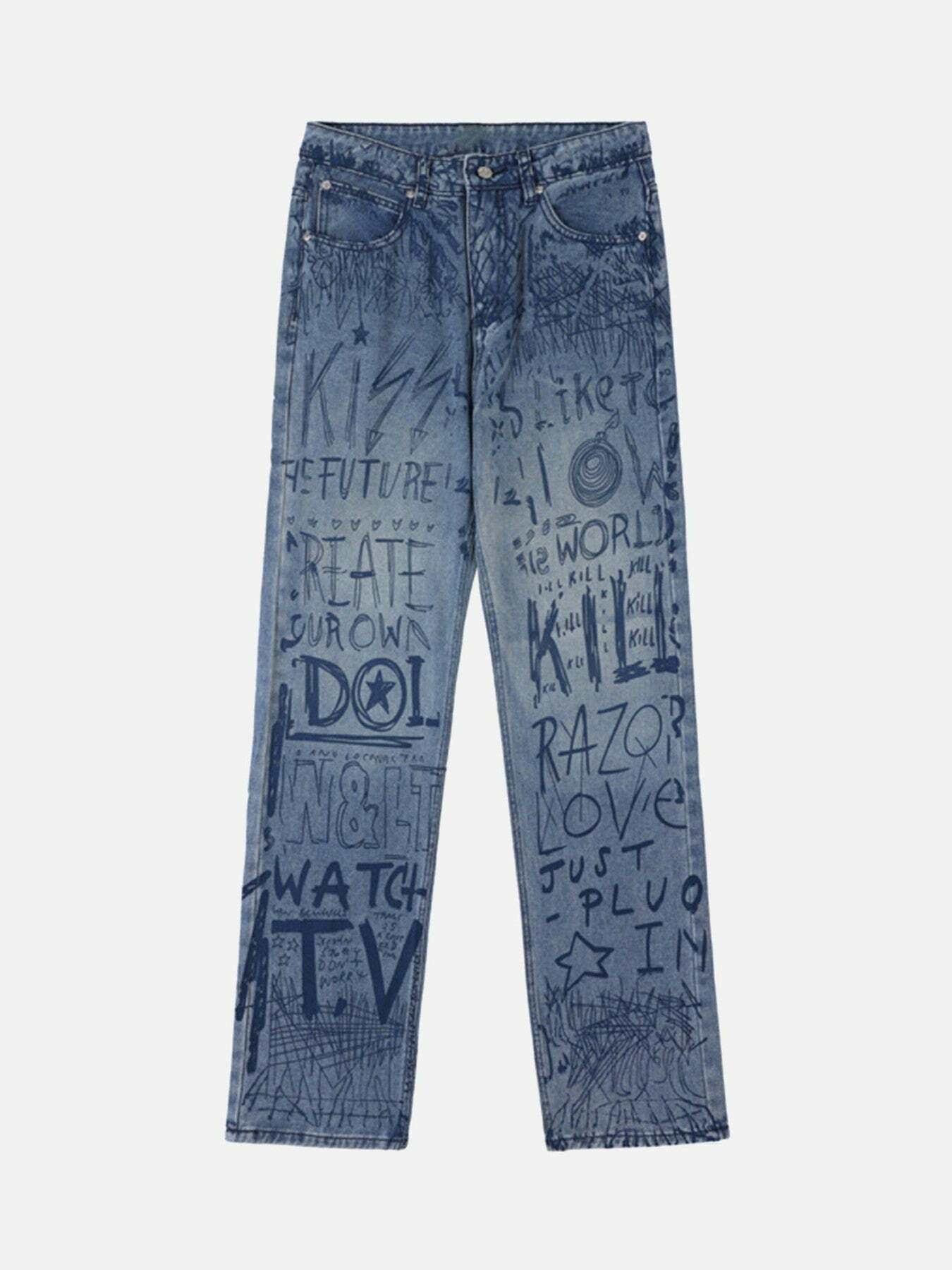 Y2K Graffiti Alphabet Baggy Jeans - 90s Grunge Style, Vintage Aesthetic, Trendy Streetwear