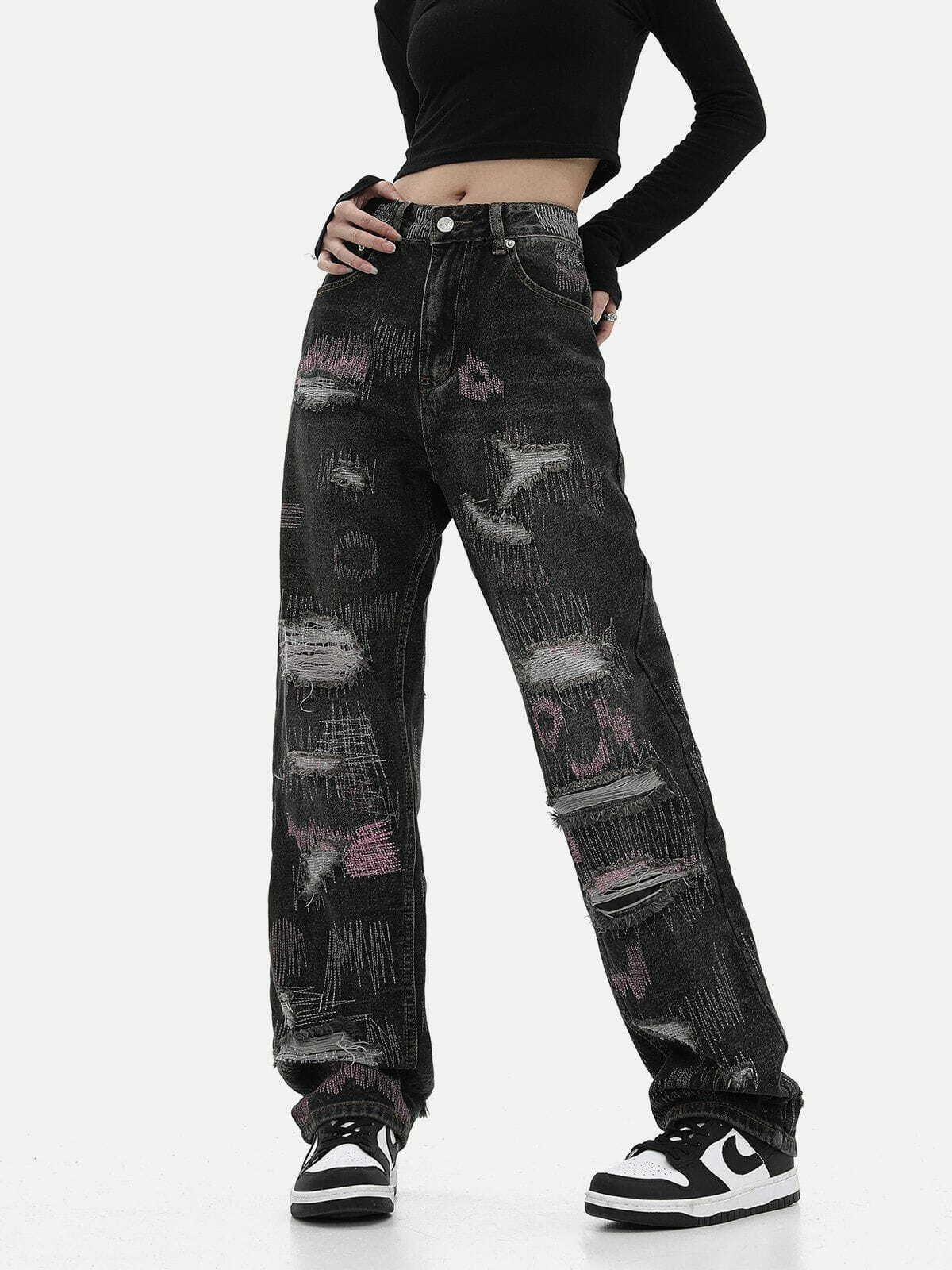 Y2K Graffiti Embroidered Ripped Jeans for Grunge Aesthetic & 90s Fashion Lovers