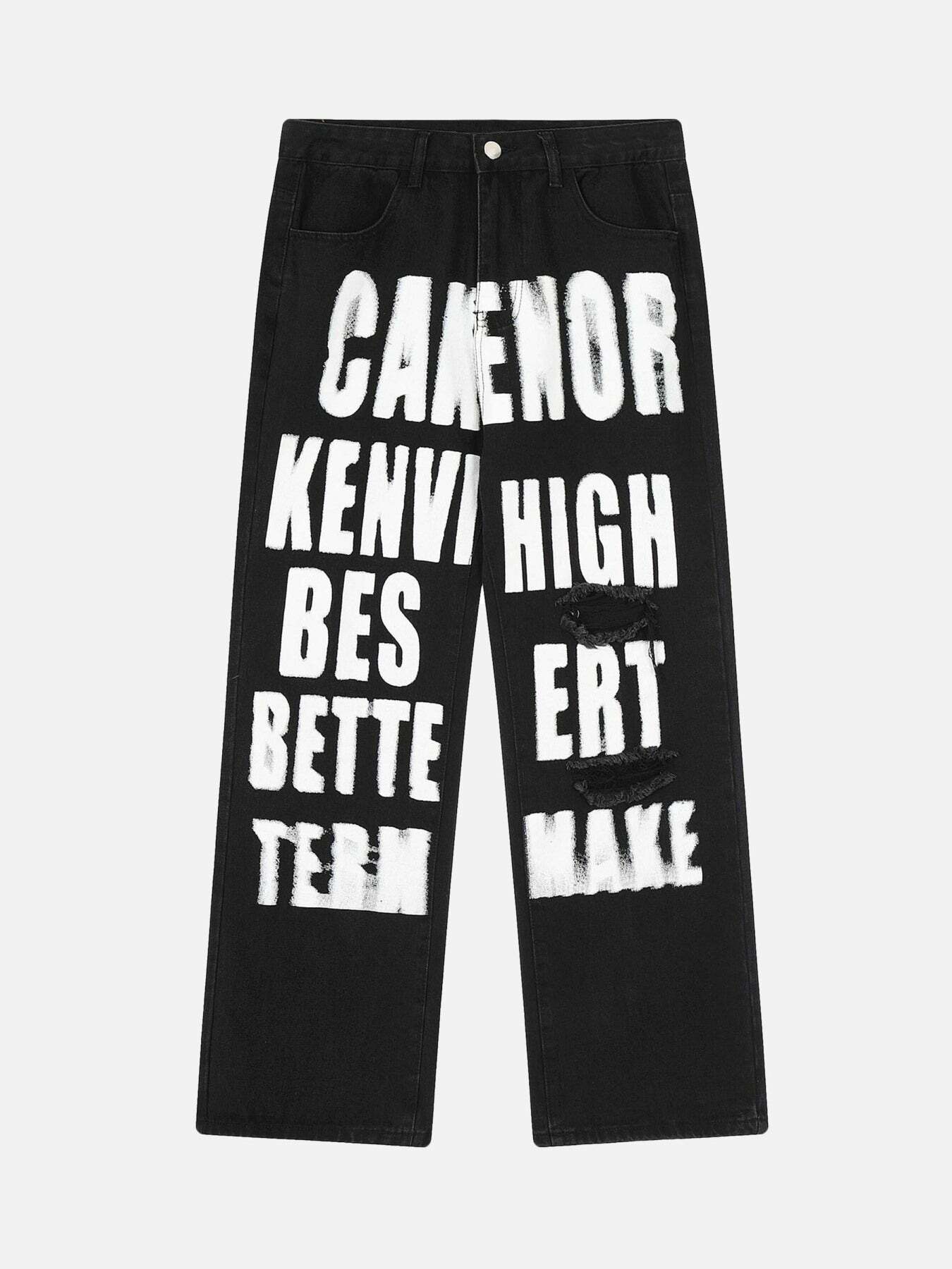 Y2K Graffiti Letter Print Baggy Jeans - Trendy 90s Grunge Style for Aesthetic Outfits