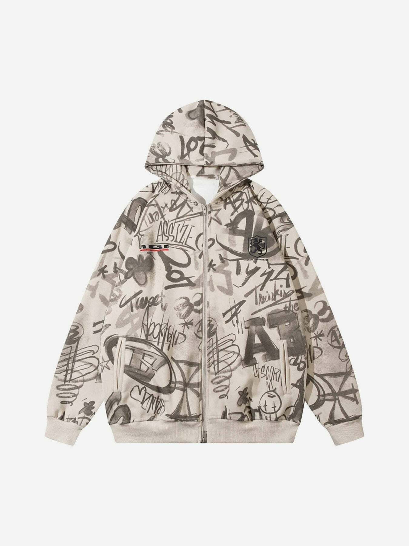 Y2K Graffiti Print Hooded Sweatshirt - Trendy Grunge Style for Summer Outfits & Aesthetic Looks