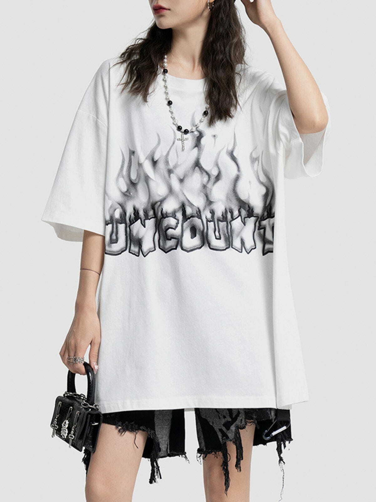 Y2K Grunge Aesthetic 3D Flame Letter Print Hole Tee - Trendy Summer Outfit for 2000s Vibes