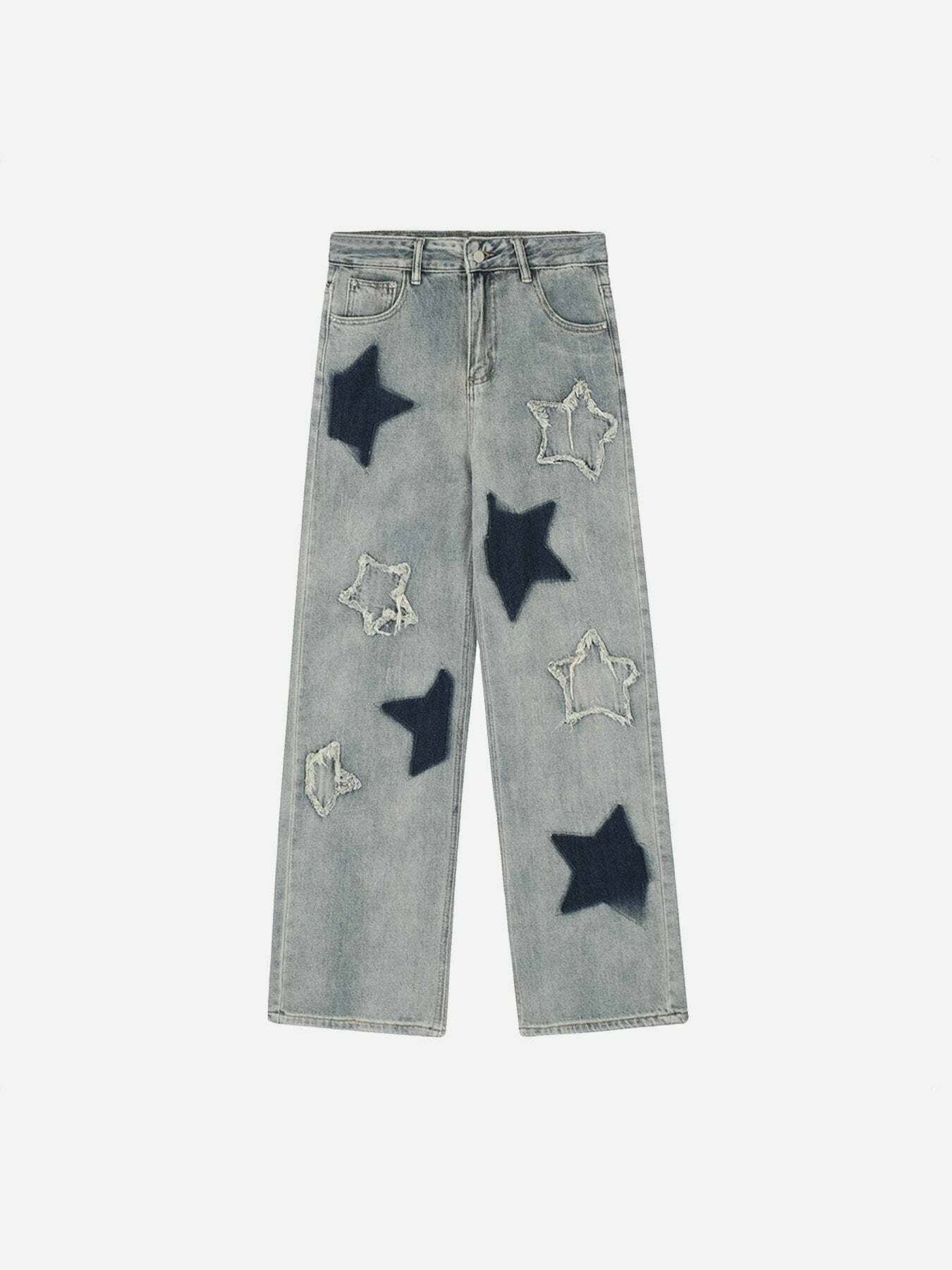 Y2K Grunge Aesthetic Airbrushed Pentagram Applique Baggy Jeans for Trendy Summer Outfits