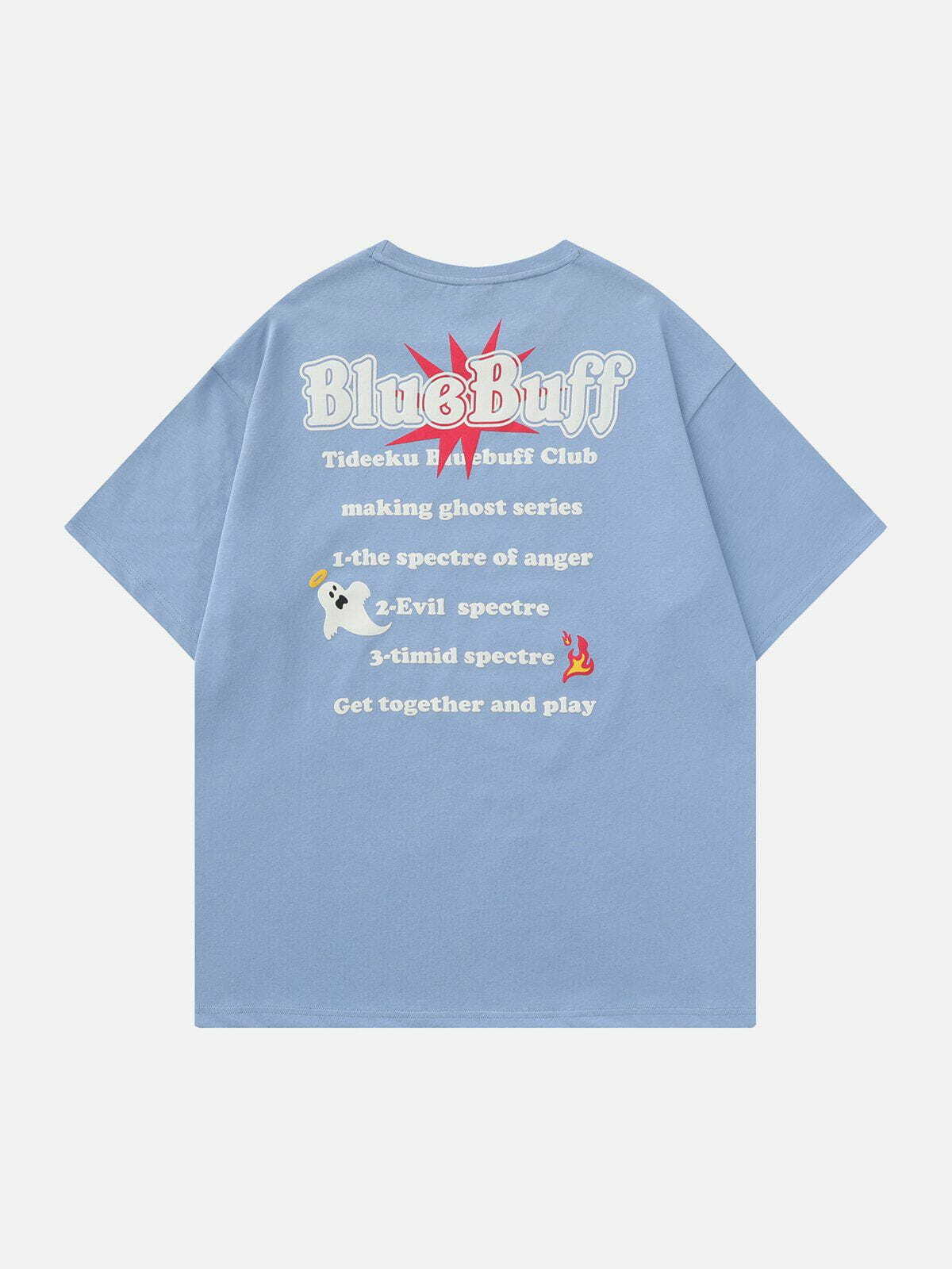 Y2K Grunge Aesthetic Blue Buff Ghost Print Tee - Vintage 90s Style Summer Outfit Essential