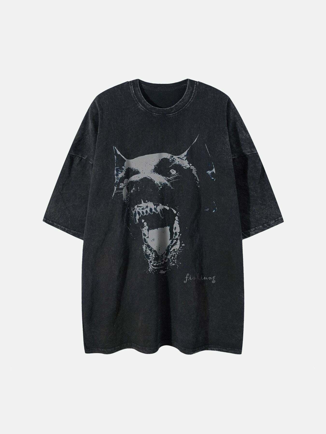 Y2K Grunge Aesthetic Doberman Print Washed Tee - Vintage 90s Style Summer Outfit Essential