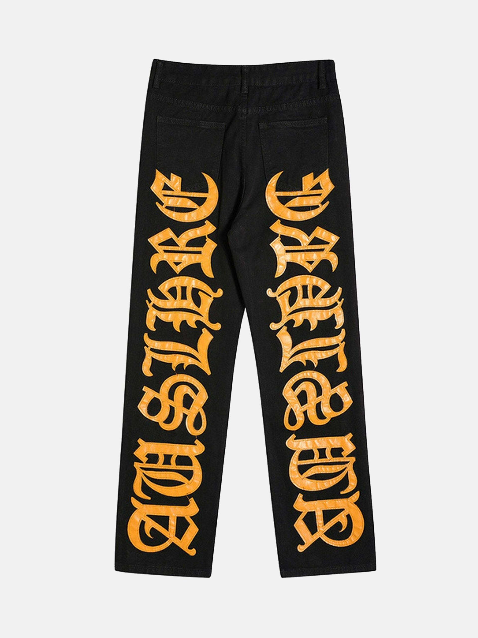 Y2K Grunge Aesthetic Embroidered Jeans with Burning Text - Trendy Baggy 90s Style Denim