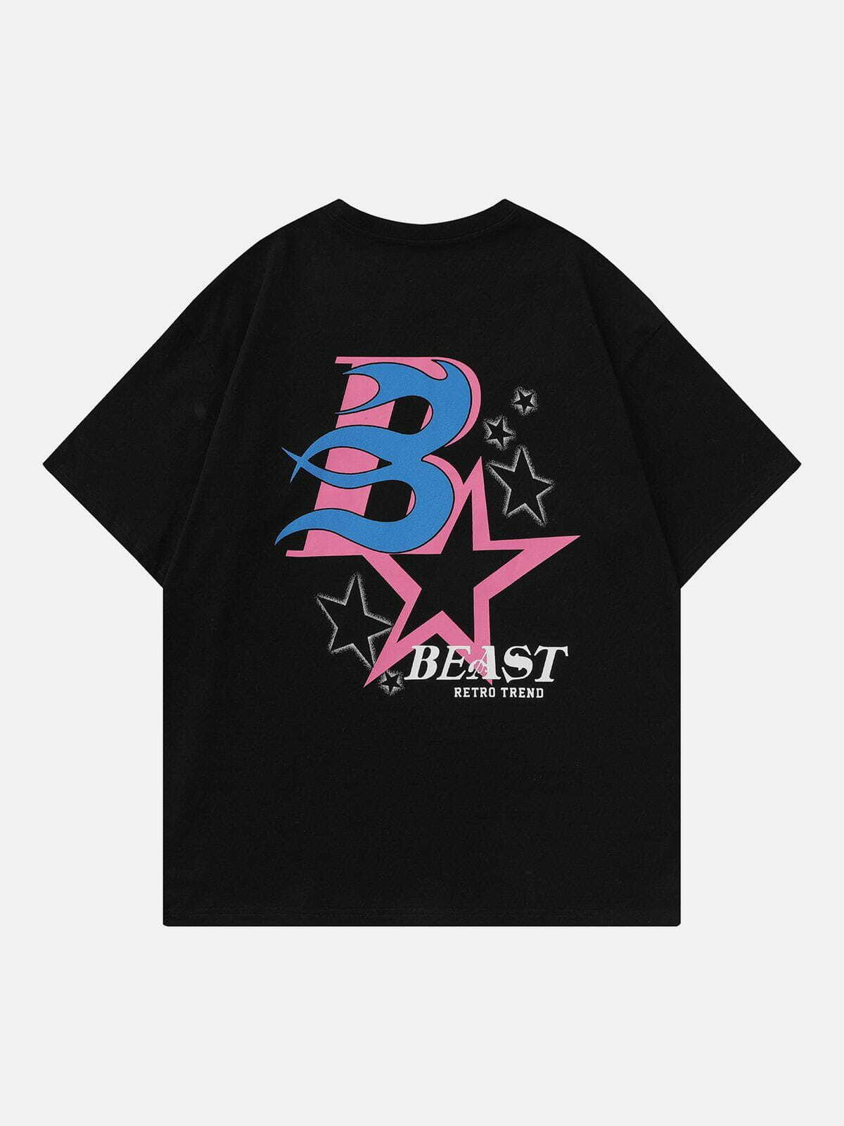 Y2K Grunge Aesthetic Flame Letter Star Foaming Print Tee - Trendy 90s Summer Outfit Essential