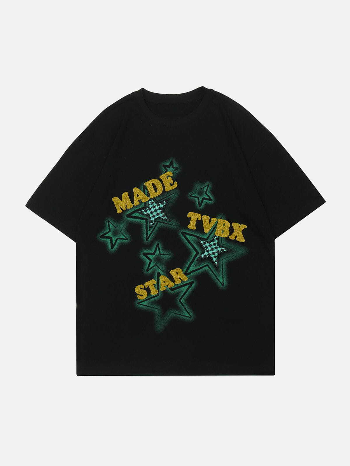 Y2K Grunge Aesthetic Flocked Plaid Star Letter Tee - Vintage 90s Style for Trendy Outfits