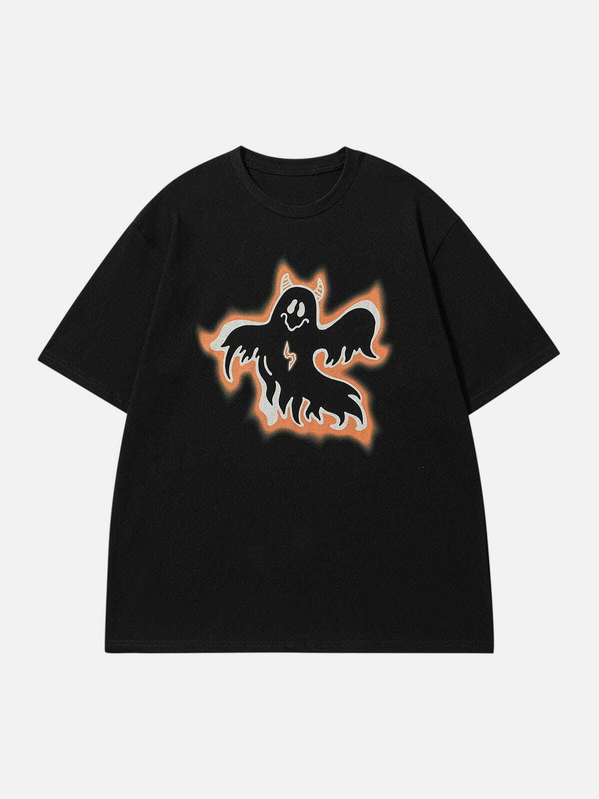 Y2K Grunge Aesthetic Ghost Demon Corner Print Tee - Vintage 90s Style Graphic T-Shirt