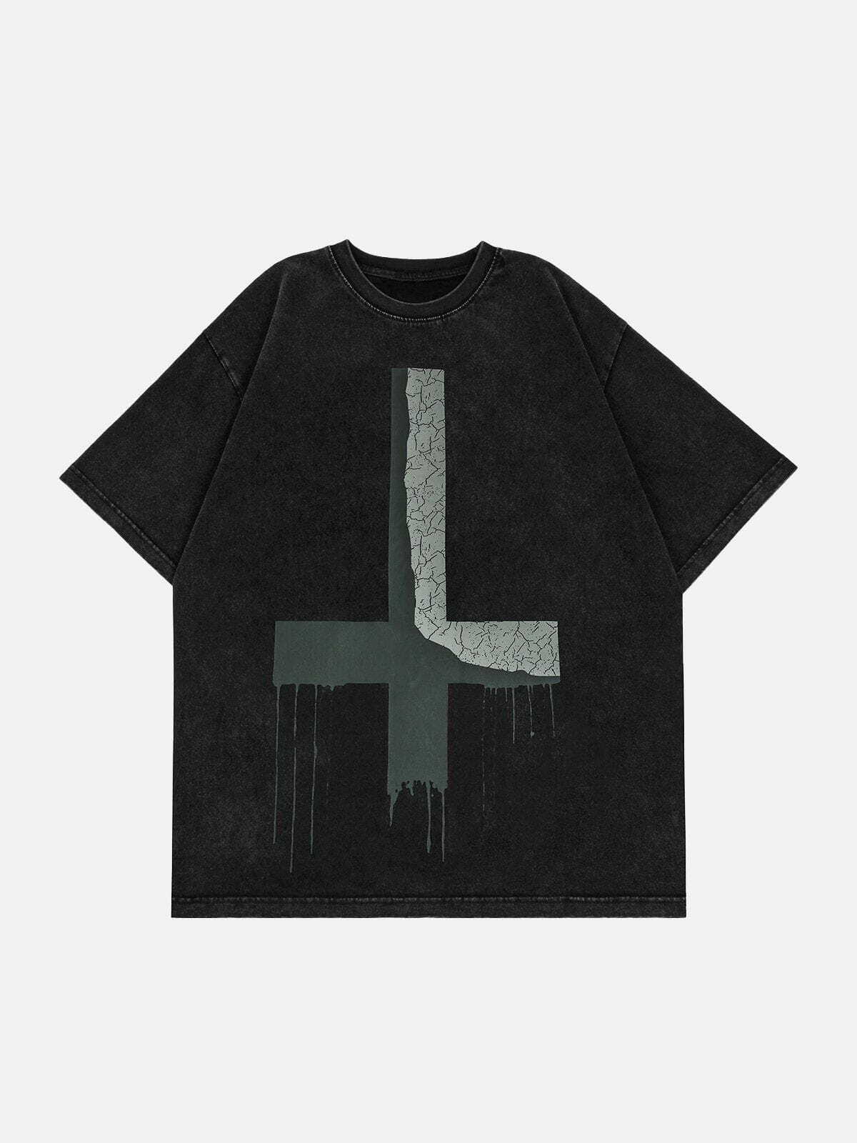 Y2K Grunge Aesthetic Inverted Cross Print Tee - Vintage 90s Style Graphic T-Shirt for Trendy Outfits