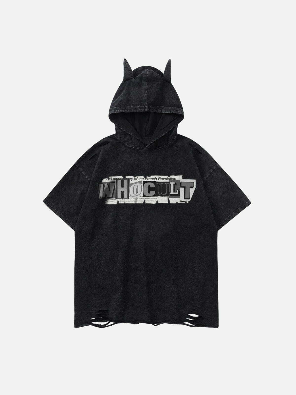 Y2K Grunge Aesthetic Letter Print Ripped Hooded Tee - Vintage 90s Style for Trendy Outfits