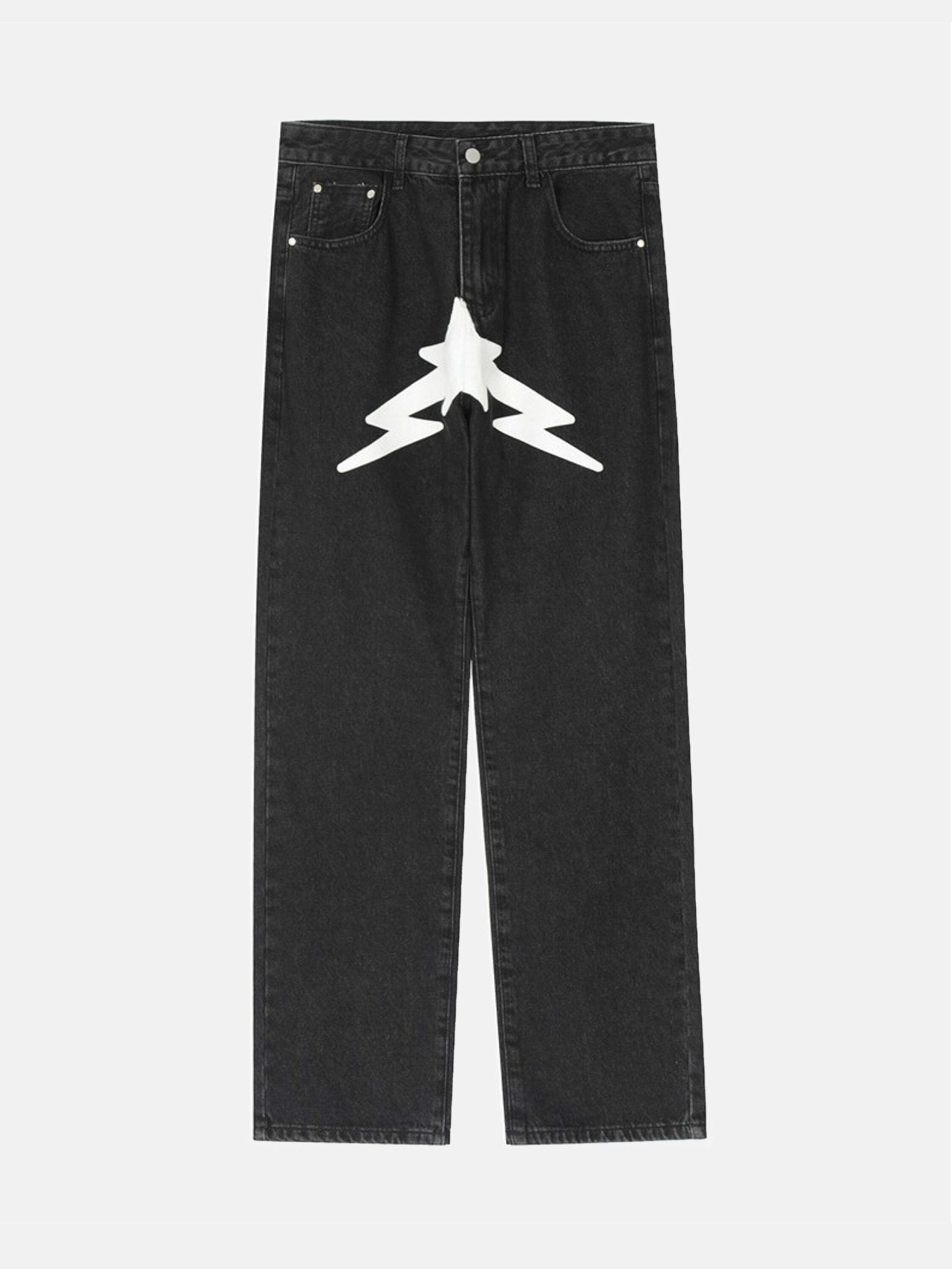 Y2K Grunge Aesthetic Lightning Pentagram Print Wide Leg Jeans for Trendy Summer Outfits