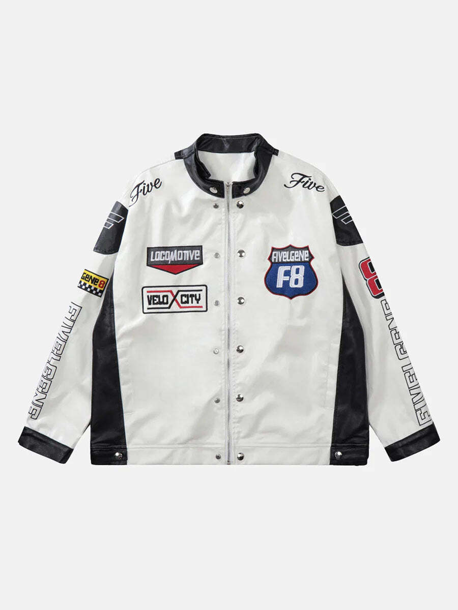 Y2K Grunge Aesthetic Motorcycle PU Leather Racing Jacket for 90s Fashion Lovers